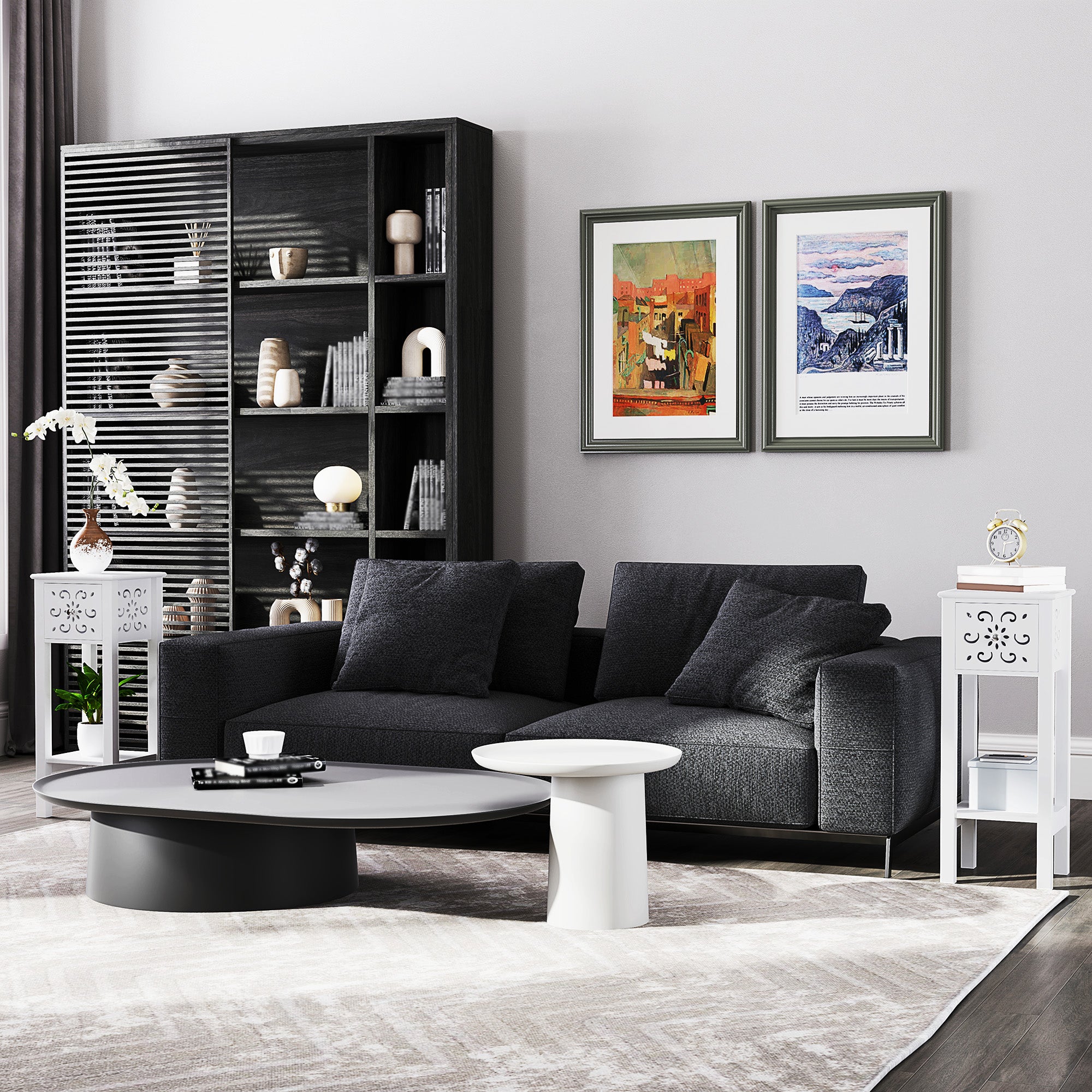 HOMCOM Nightstand Set of 2, Bedside Table Set with Drawer and Open Storage Shelf, End Table Set with Flower-Shaped Design, White