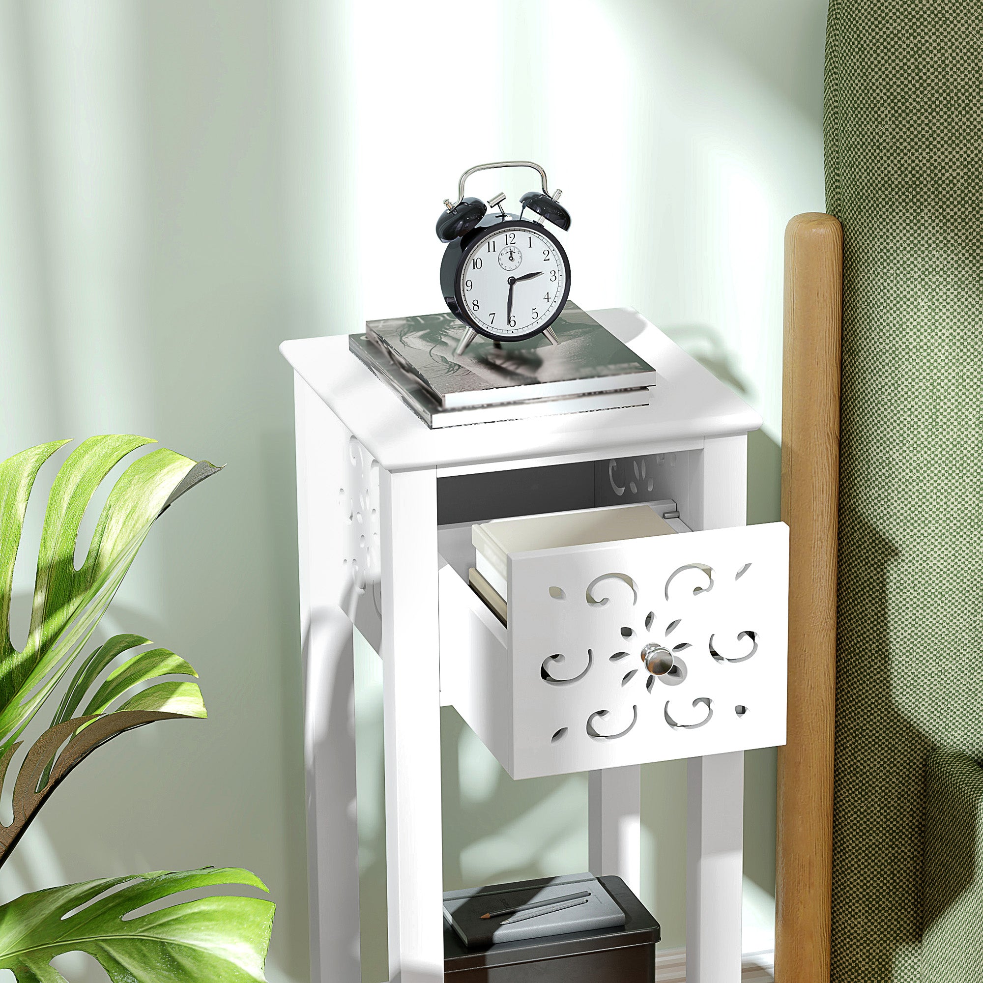 HOMCOM Nightstand Set of 2, Bedside Table Set with Drawer and Open Storage Shelf, End Table Set with Flower-Shaped Design, White