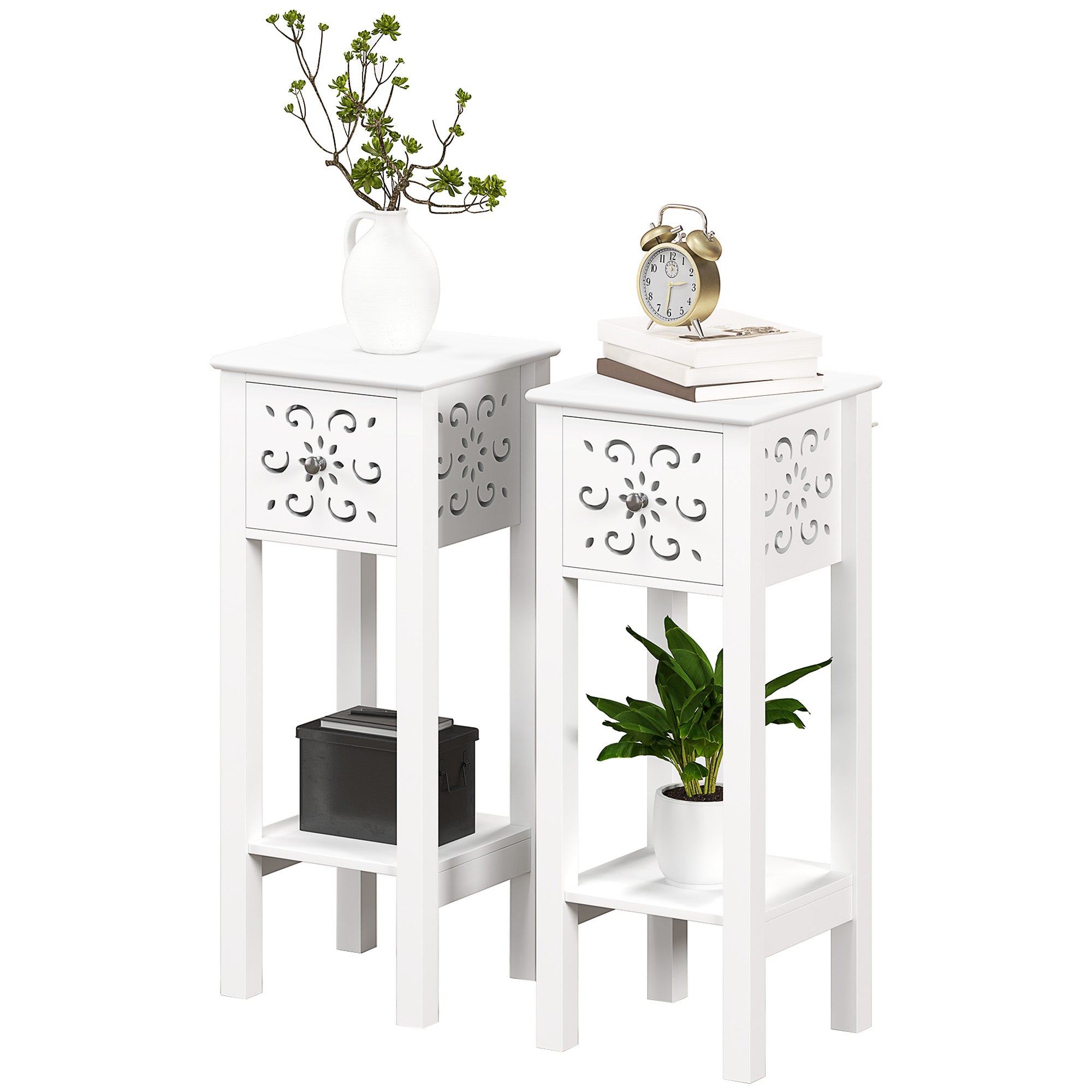 HOMCOM Nightstand Set of 2, Bedside Table Set with Drawer and Open Storage Shelf, End Table Set with Flower-Shaped Design, White
