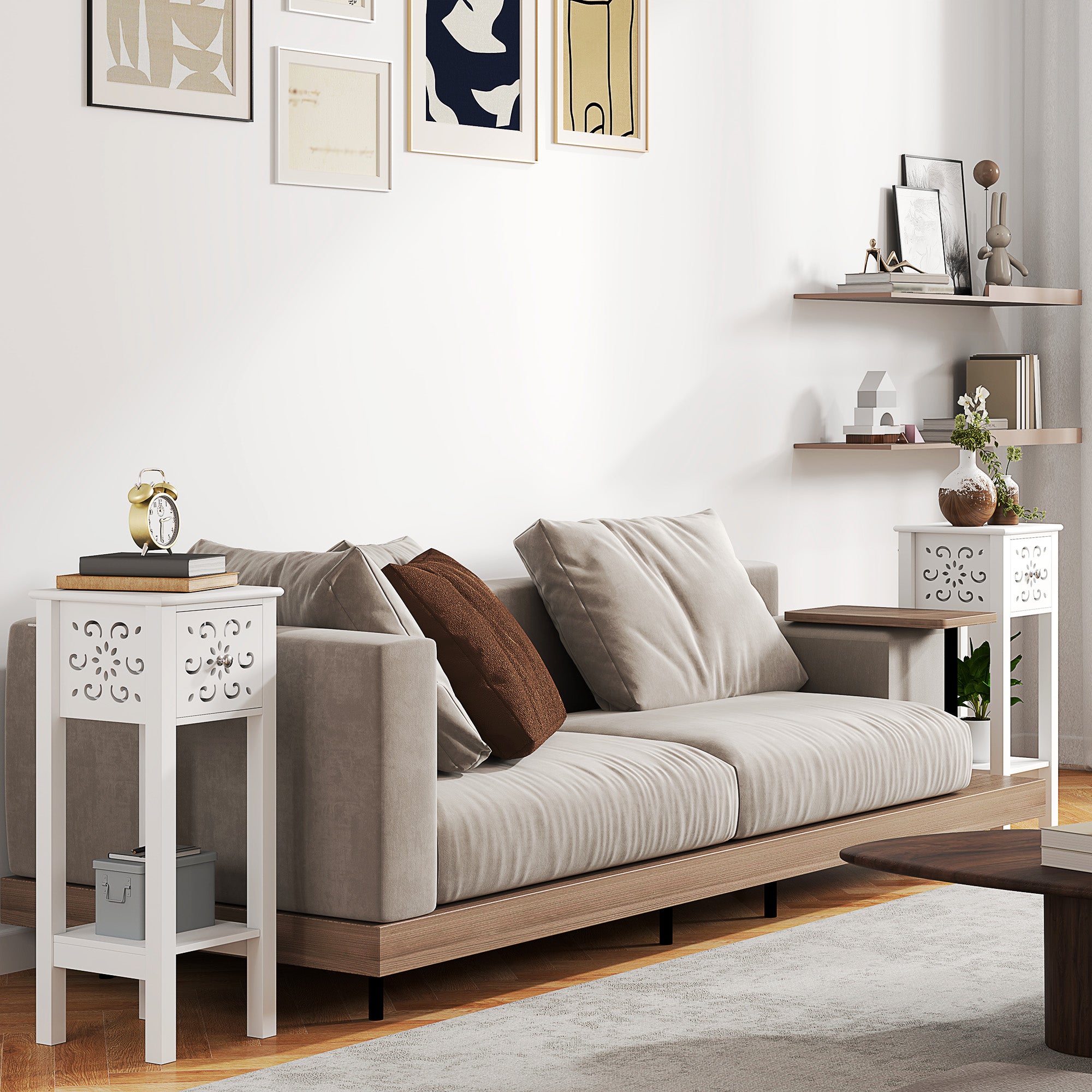 HOMCOM Nightstand Set of 2, Bedside Table Set with Drawer and Open Storage Shelf, End Table Set with Flower-Shaped Design, White