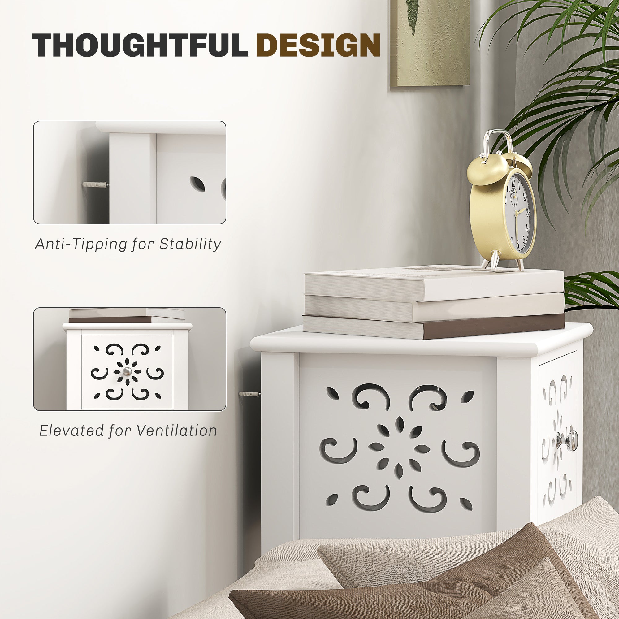 HOMCOM Nightstand Set of 2, Bedside Table Set with Drawer and Open Storage Shelf, End Table Set with Flower-Shaped Design, White