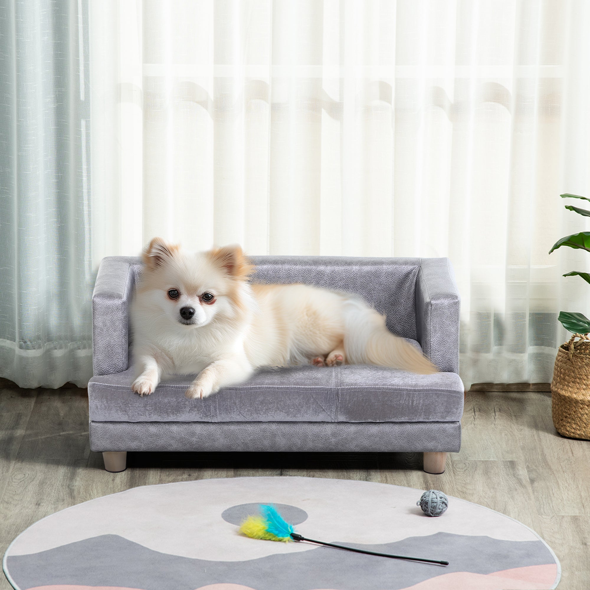 PawHut Dog Sofa Bed for Small-Sized Dogs, Elevated Pet Chair with PU Cover, Soft Cushion, Cat Couch Lounger with Anti-slip Legs - Grey