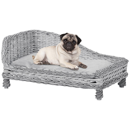 Pawhut Wicker Dog Cat Bed Kitten Lounger  Pet Bed Rattan Willow Basket Soft Cushion Lightweight 69 x 42 x 33 cm Grey