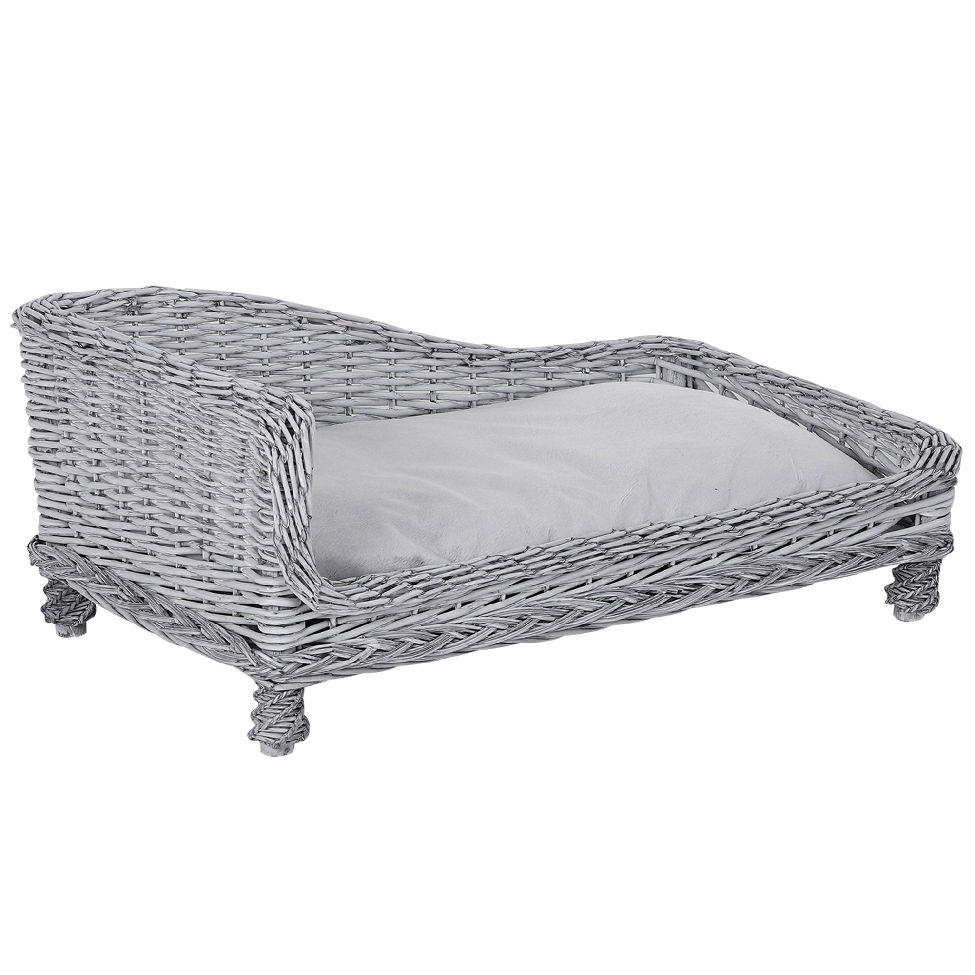 Pawhut Wicker Dog Cat Bed Kitten Lounger  Pet Bed Rattan Willow Basket Soft Cushion Lightweight 69 x 42 x 33 cm Grey
