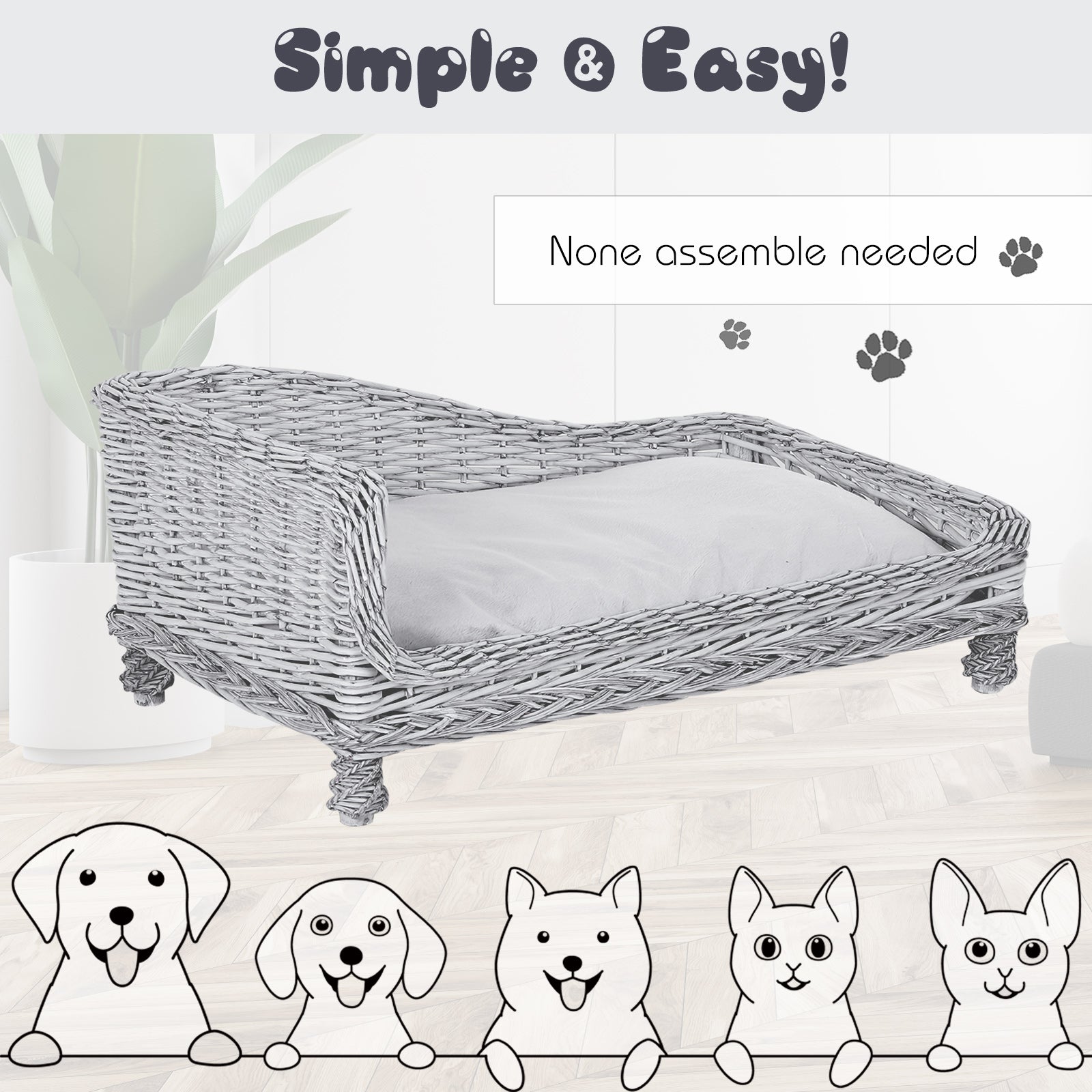 Pawhut Wicker Dog Cat Bed Kitten Lounger  Pet Bed Rattan Willow Basket Soft Cushion Lightweight 69 x 42 x 33 cm Grey