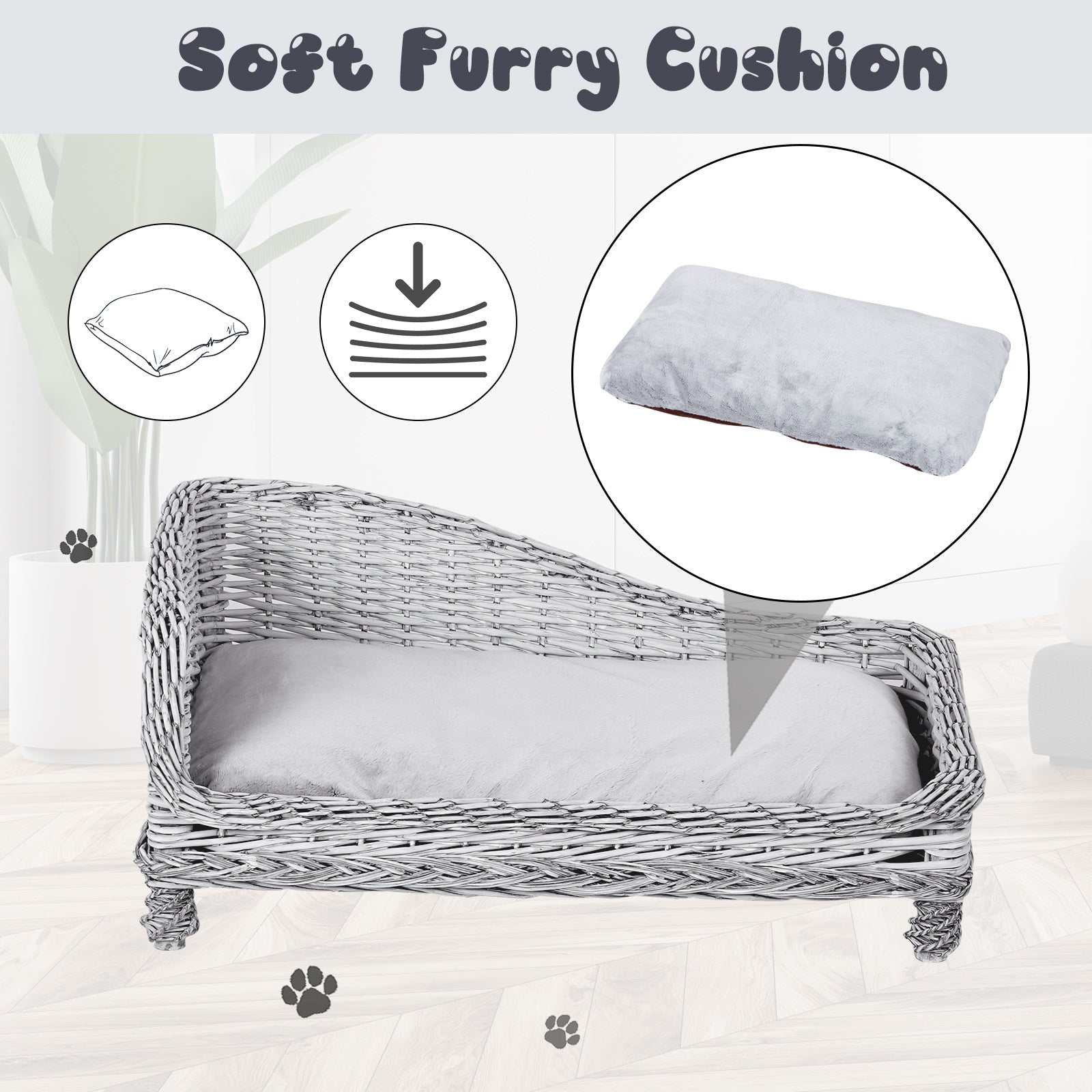 Pawhut Wicker Dog Cat Bed Kitten Lounger  Pet Bed Rattan Willow Basket Soft Cushion Lightweight 69 x 42 x 33 cm Grey