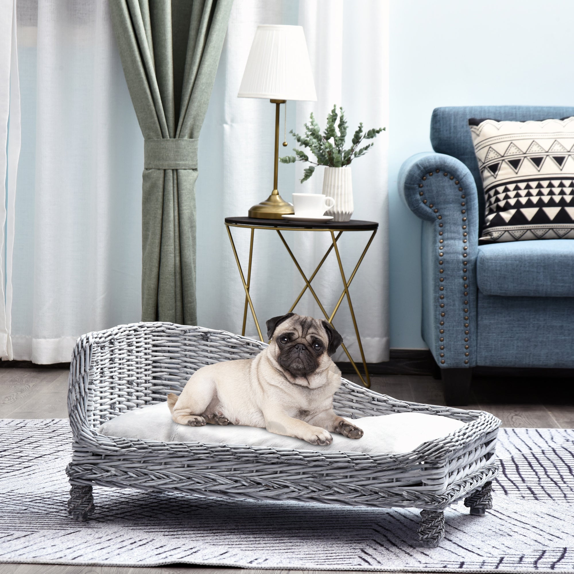 Pawhut Wicker Dog Cat Bed Kitten Lounger  Pet Bed Rattan Willow Basket Soft Cushion Lightweight 69 x 42 x 33 cm Grey