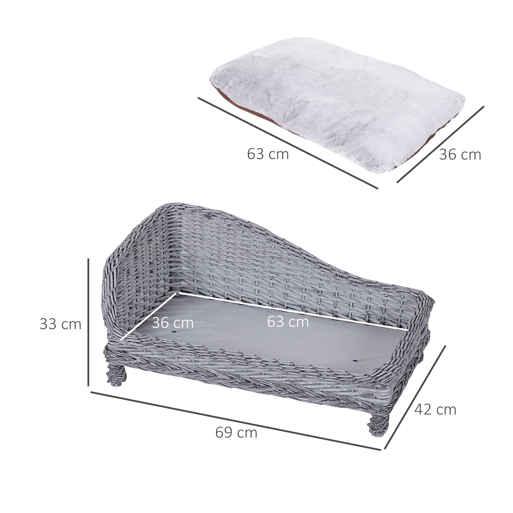 Pawhut Wicker Dog Cat Bed Kitten Lounger  Pet Bed Rattan Willow Basket Soft Cushion Lightweight 69 x 42 x 33 cm Grey