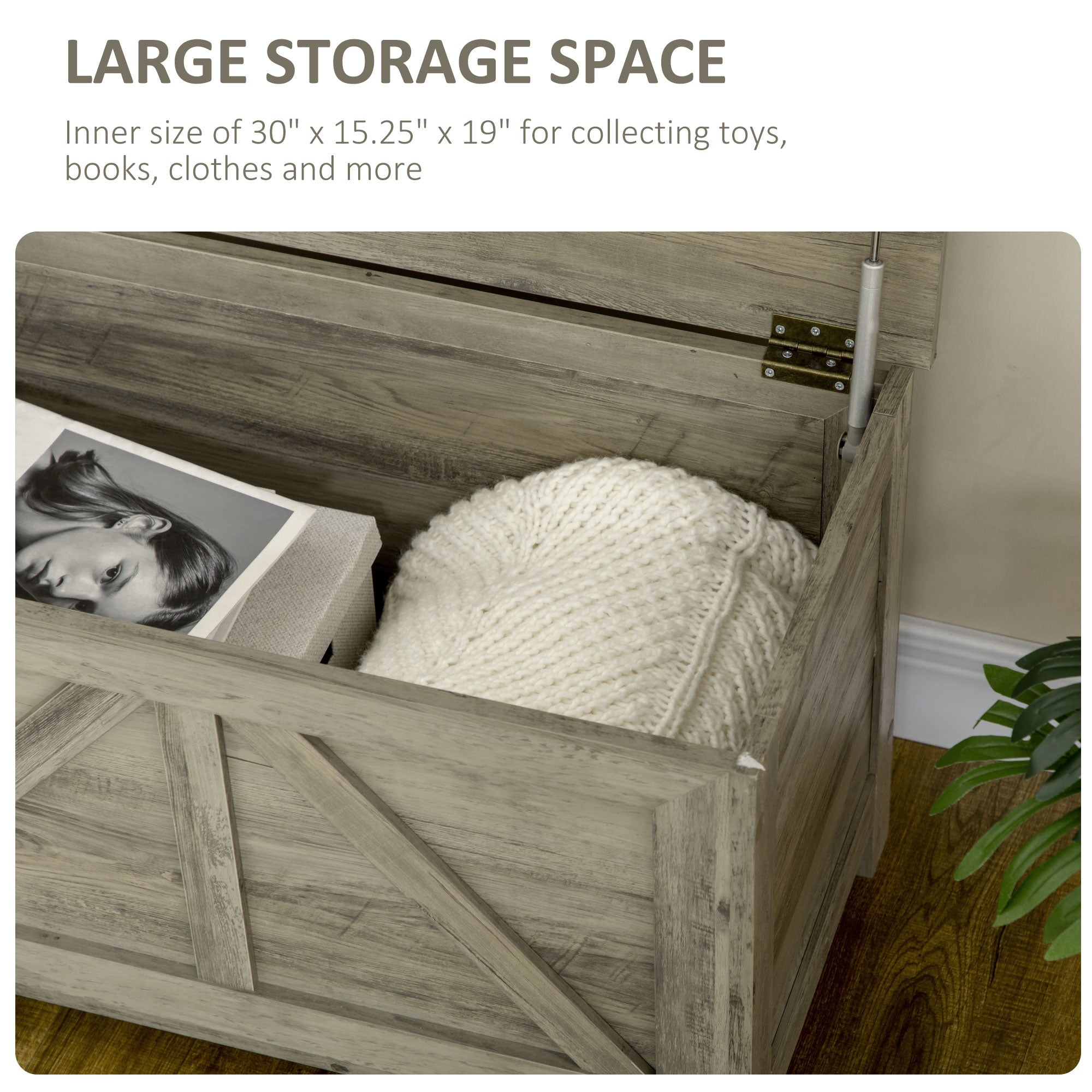 HOMCOM Farmhouse Storage Chest, Storage Bench, Lift Top Box with Safety Hinge to Open Up 100° for Entryway, Living Room, Grey Wood Grain