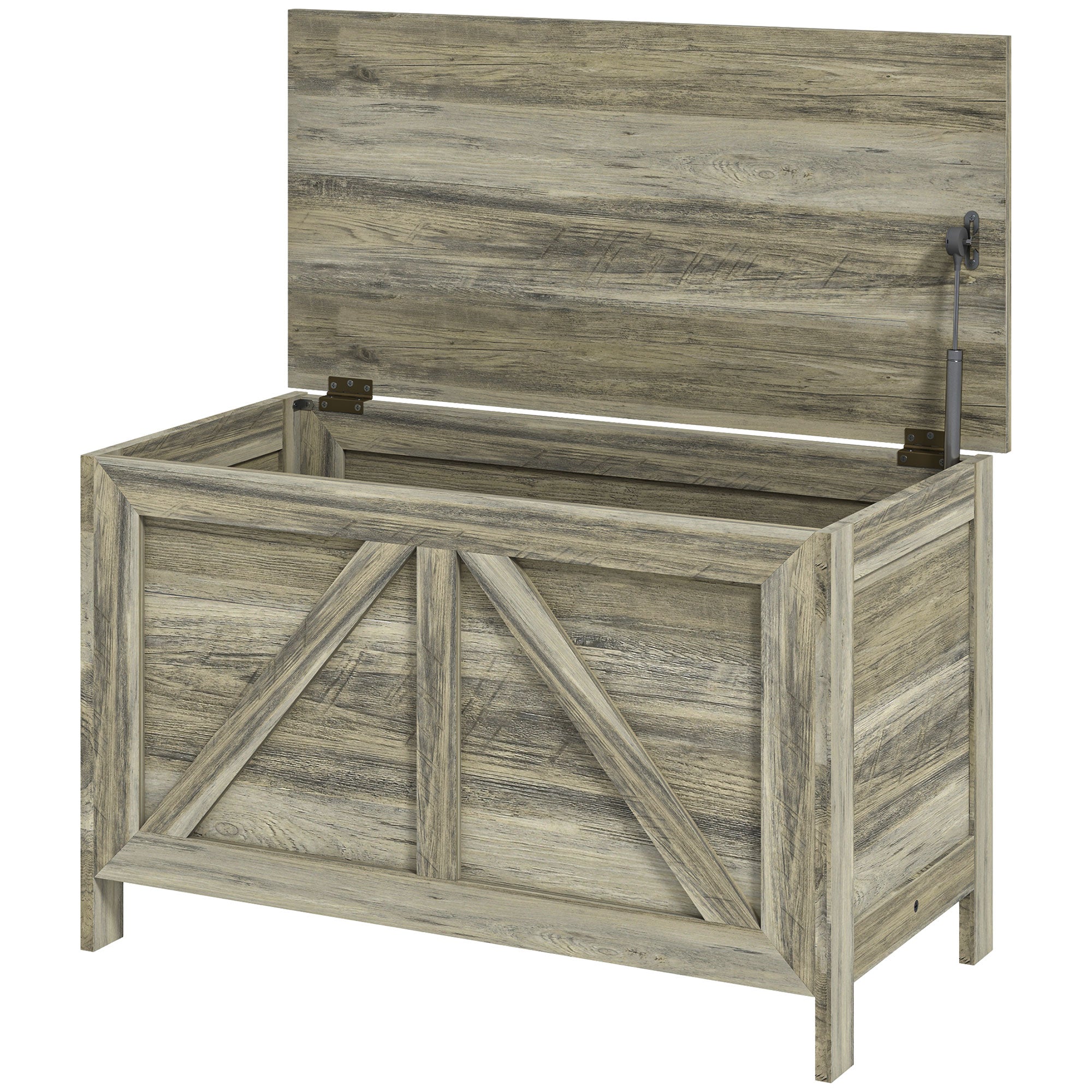 HOMCOM Farmhouse Storage Chest, Storage Bench, Lift Top Box with Safety Hinge to Open Up 100° for Entryway, Living Room, Grey Wood Grain