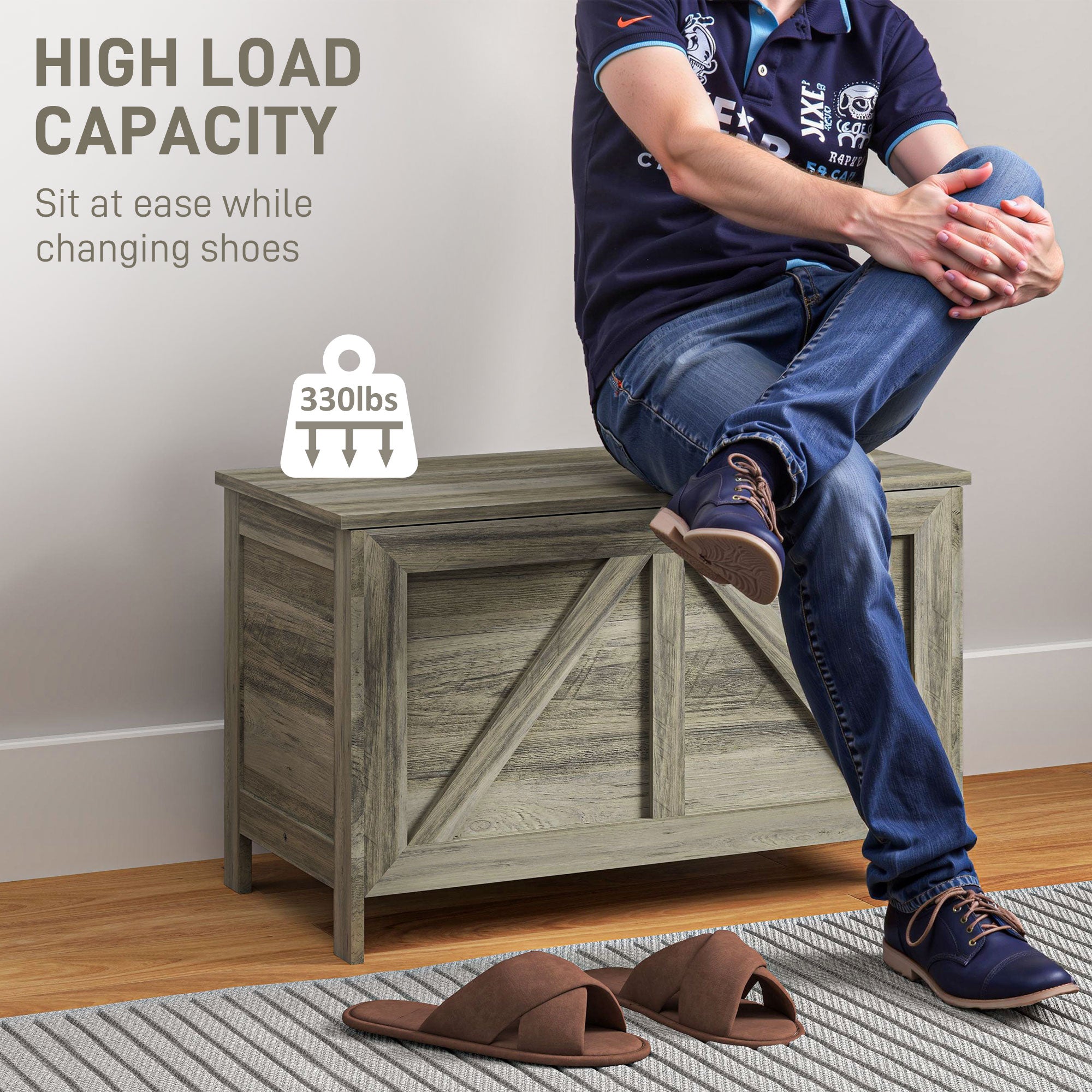 HOMCOM Farmhouse Storage Chest, Storage Bench, Lift Top Box with Safety Hinge to Open Up 100° for Entryway, Living Room, Grey Wood Grain