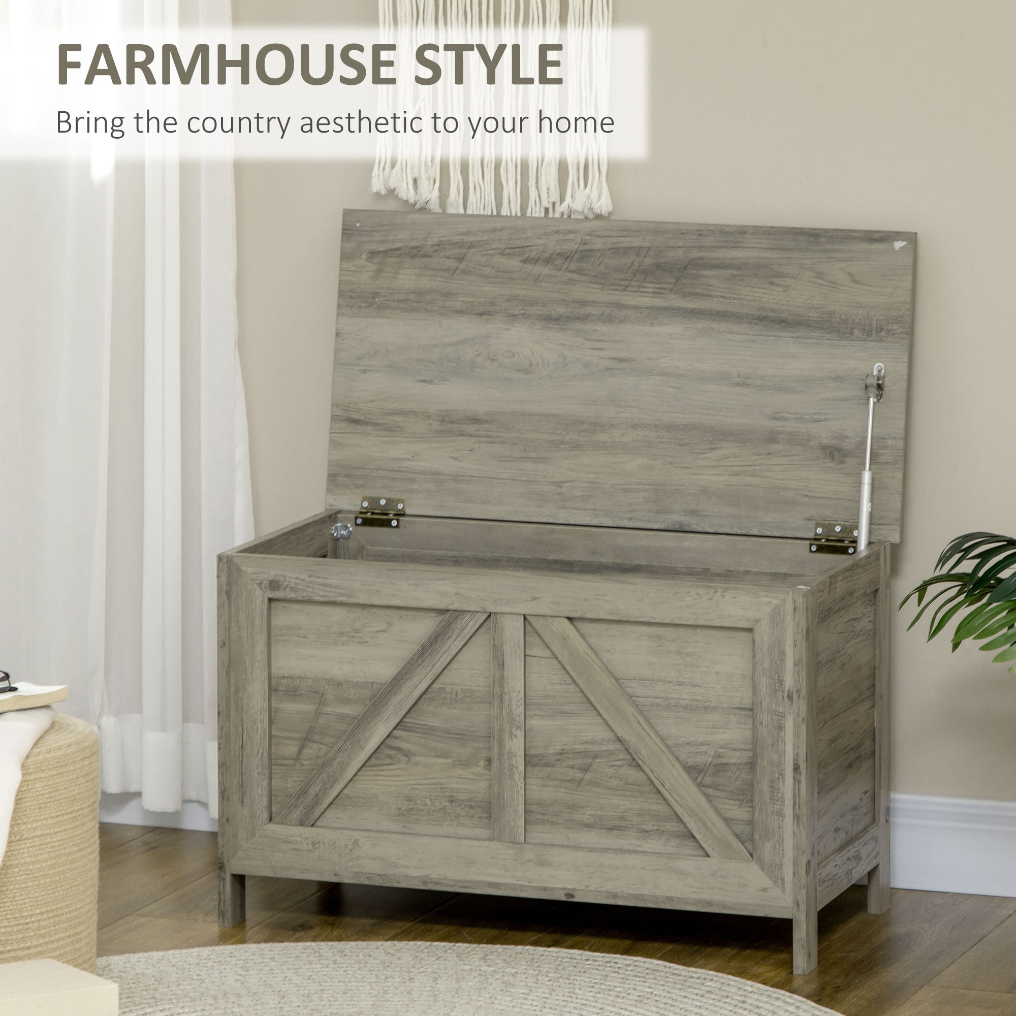 HOMCOM Farmhouse Storage Chest, Storage Bench, Lift Top Box with Safety Hinge to Open Up 100° for Entryway, Living Room, Grey Wood Grain