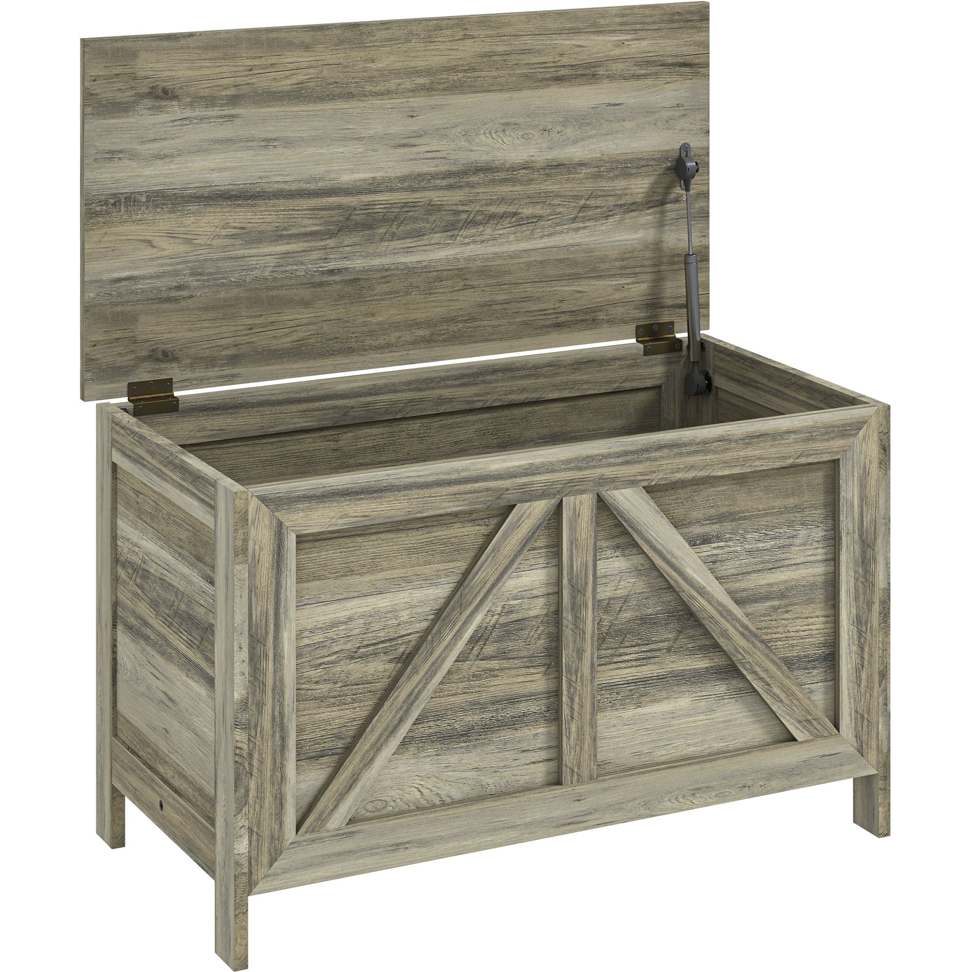 HOMCOM Farmhouse Storage Chest, Storage Bench, Lift Top Box with Safety Hinge to Open Up 100° for Entryway, Living Room, Grey Wood Grain