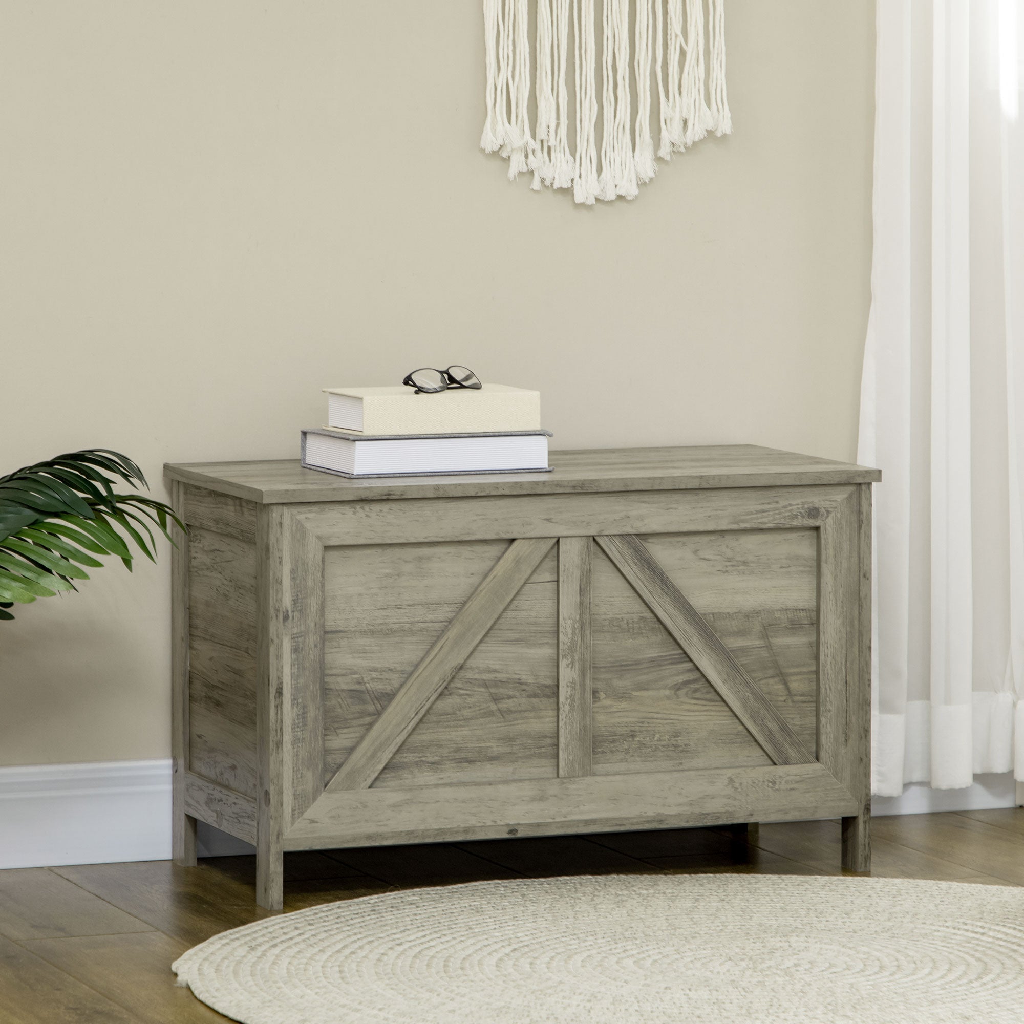 HOMCOM Farmhouse Storage Chest, Storage Bench, Lift Top Box with Safety Hinge to Open Up 100° for Entryway, Living Room, Grey Wood Grain