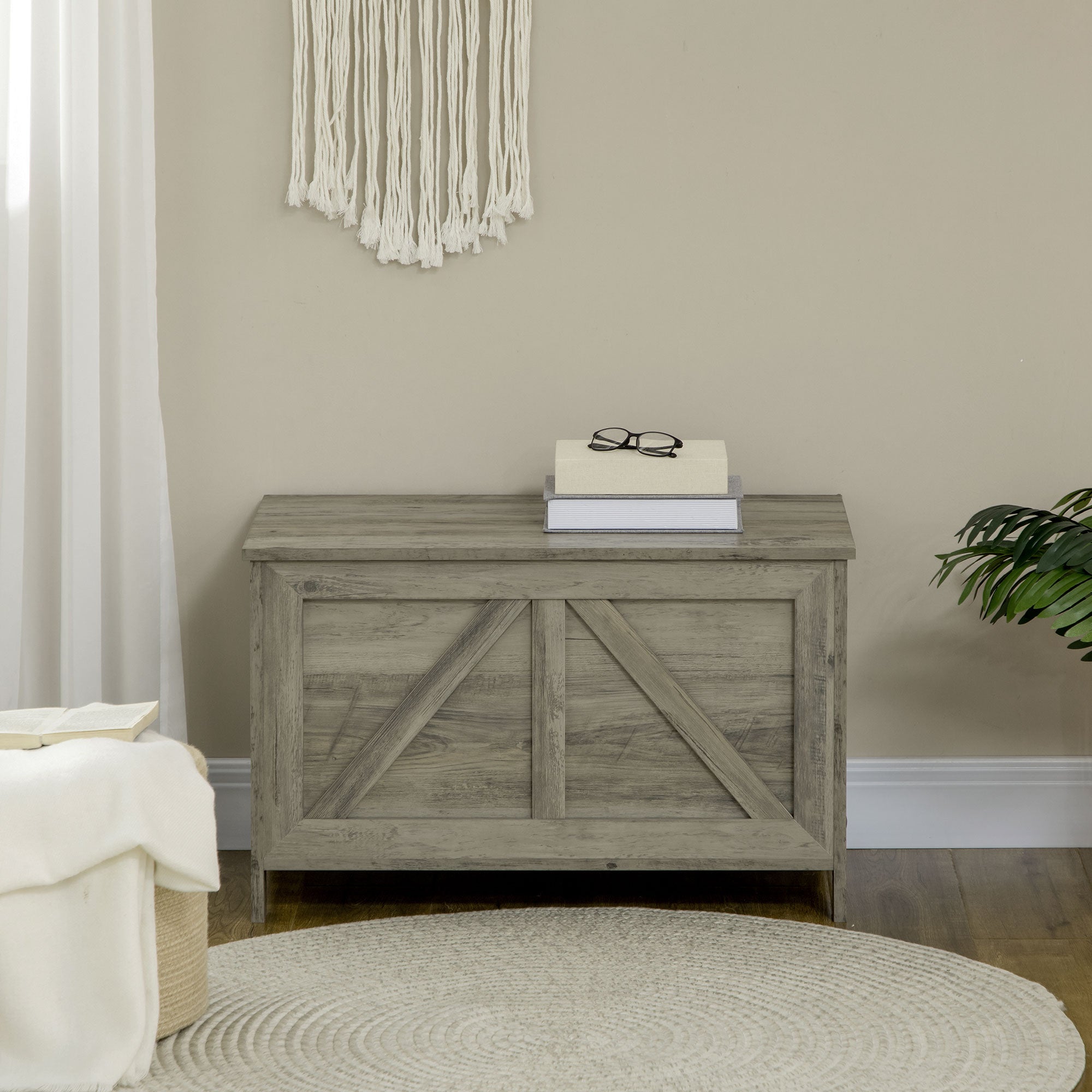 HOMCOM Farmhouse Storage Chest, Storage Bench, Lift Top Box with Safety Hinge to Open Up 100° for Entryway, Living Room, Grey Wood Grain
