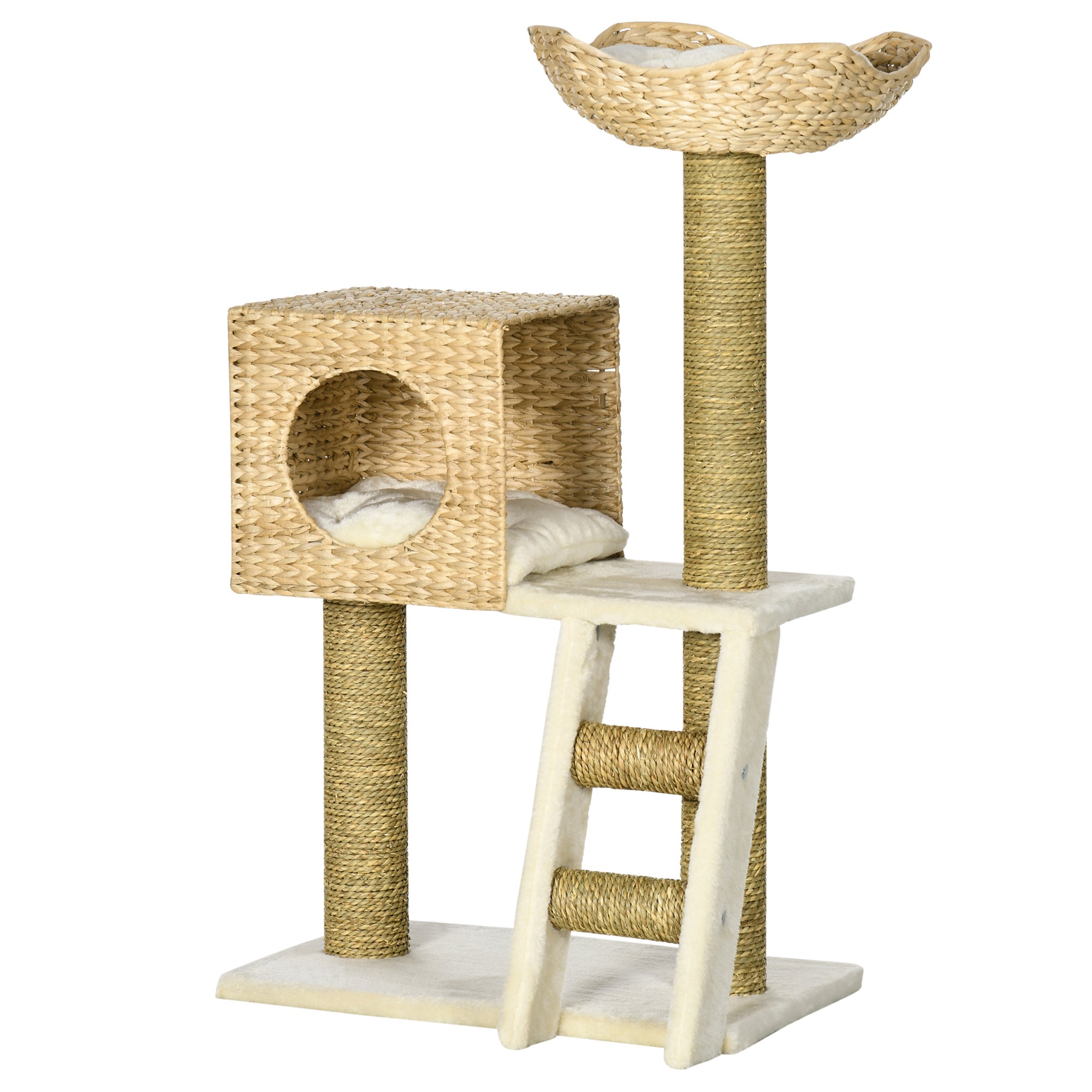PawHut Flower Cat Tree for Indoor Cats Kitten Tower Cattail Weave with Scratching Posts, Cat House, Bed, Ladder, Washable Cushions, 57 x 37 x 100.5 cm - Natural Finish