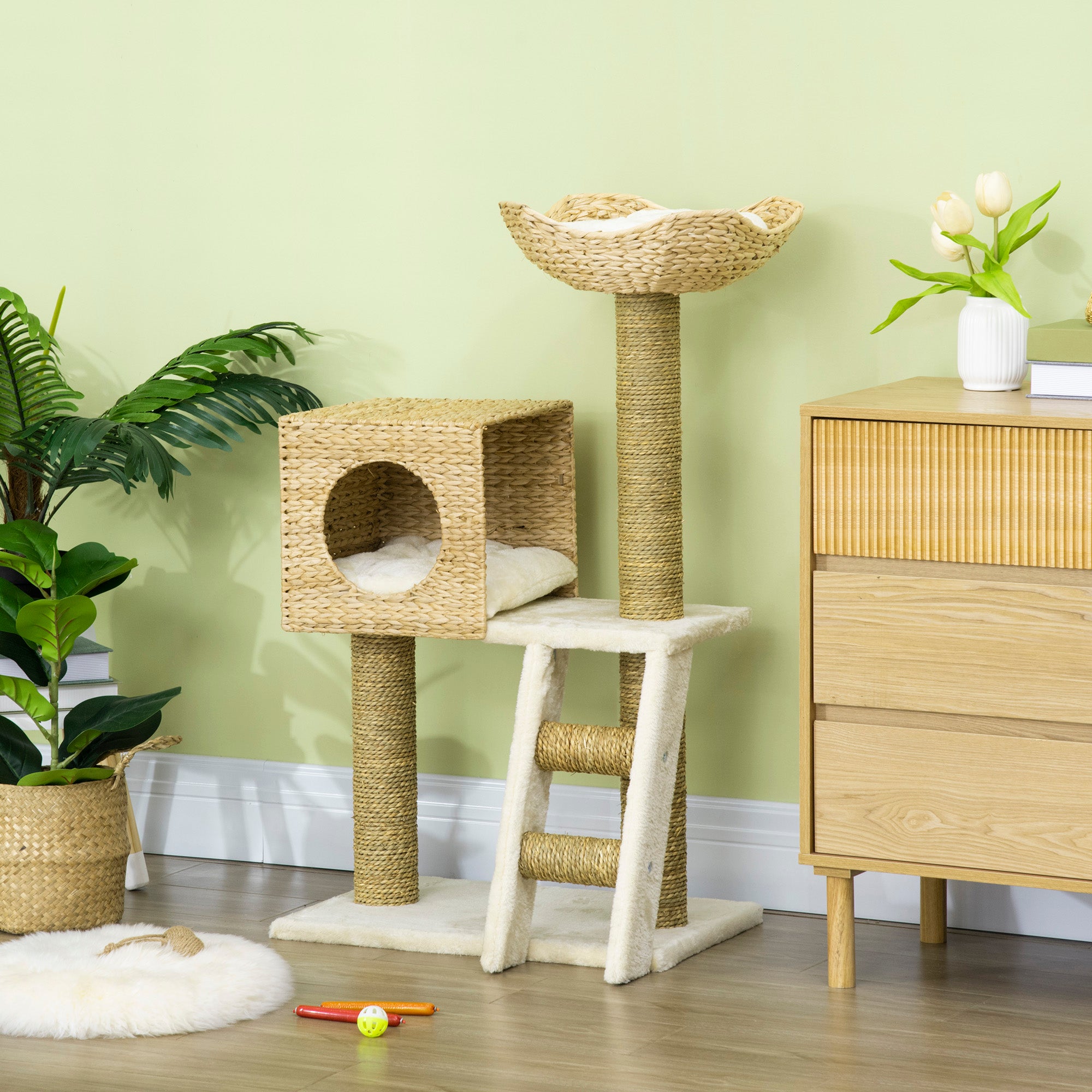 PawHut Flower Cat Tree for Indoor Cats Kitten Tower Cattail Weave with Scratching Posts, Cat House, Bed, Ladder, Washable Cushions, 57 x 37 x 100.5 cm - Natural Finish