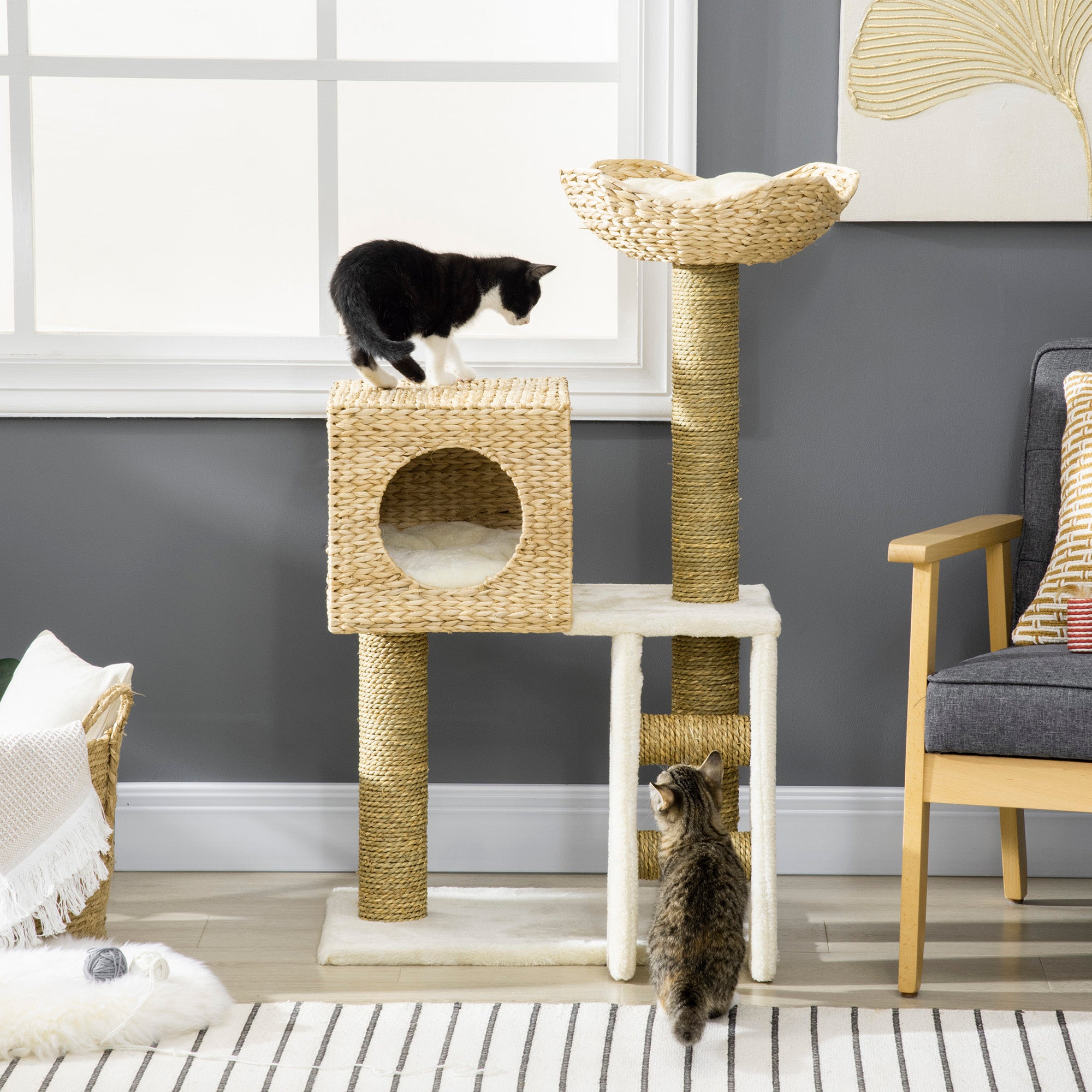 PawHut Flower Cat Tree for Indoor Cats Kitten Tower Cattail Weave with Scratching Posts, Cat House, Bed, Ladder, Washable Cushions, 57 x 37 x 100.5 cm - Natural Finish