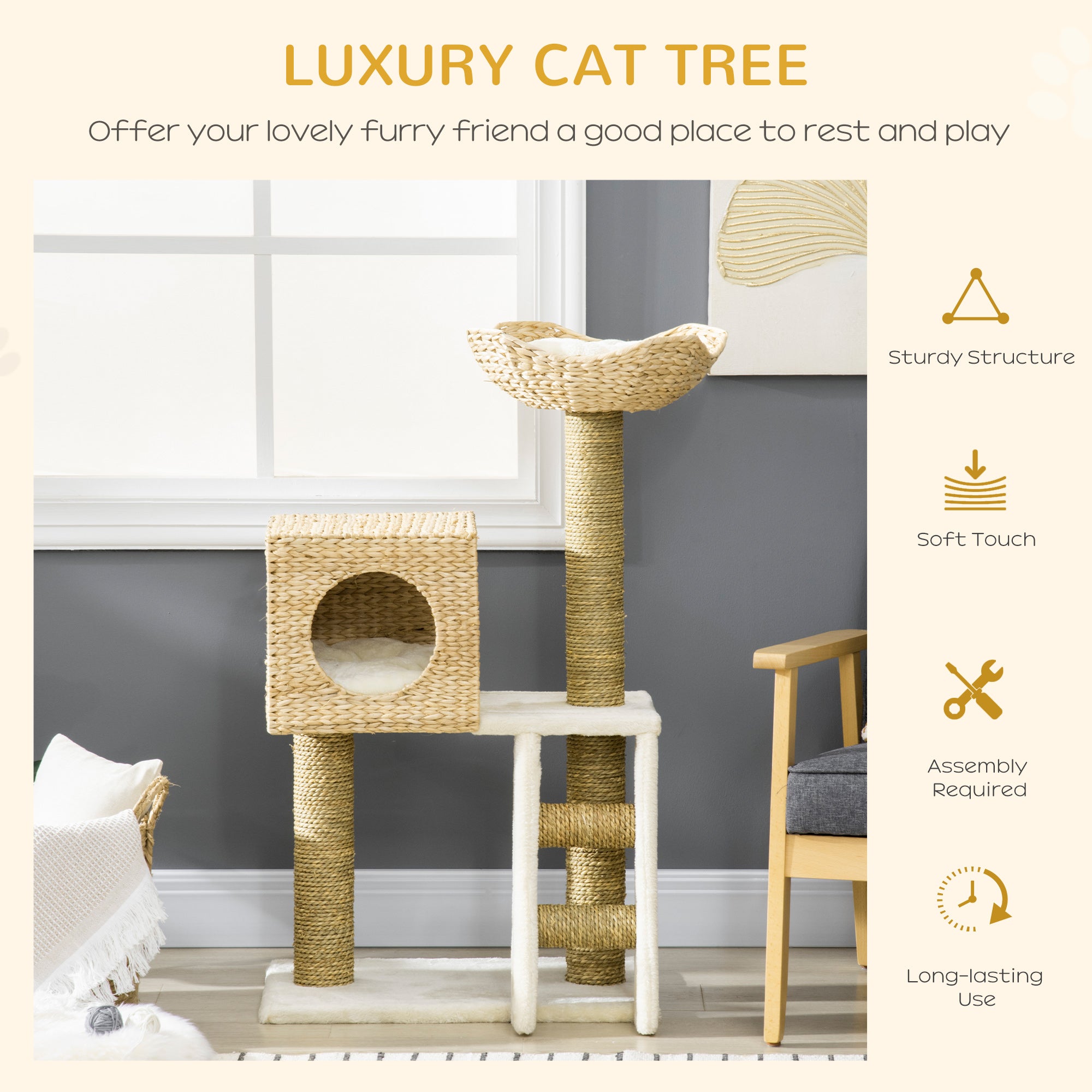 PawHut Flower Cat Tree for Indoor Cats Kitten Tower Cattail Weave with Scratching Posts, Cat House, Bed, Ladder, Washable Cushions, 57 x 37 x 100.5 cm - Natural Finish