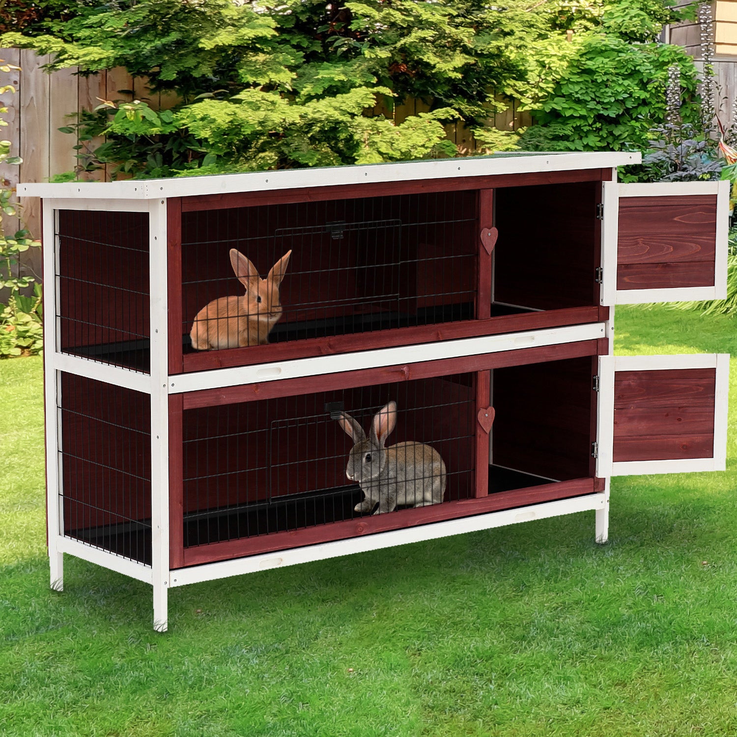 PawHut 2 Tier Wooden Rabbit Hutch Indoor Outdoor, Elevated Bunny Cage w/ Run and Tray for Guniea Pigs Small Animal