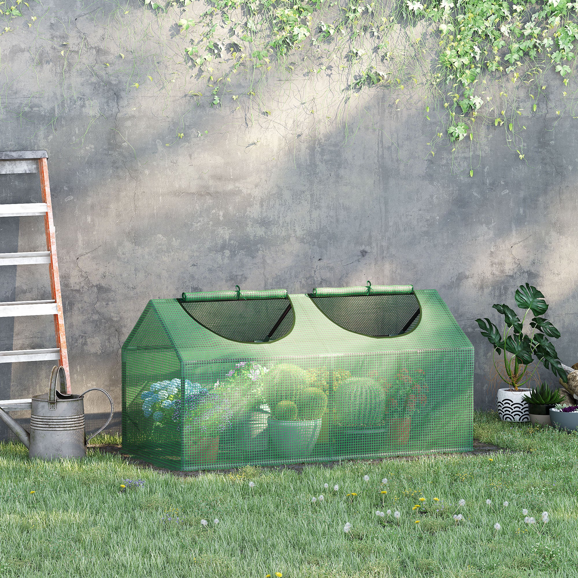Outsunny 47" x 24" x 24" Portable Mini Tunnel Greenhouse Garden Planting Outdoor Flower Warm House Box with 2 Windows Steel Frame PE Cover, Green