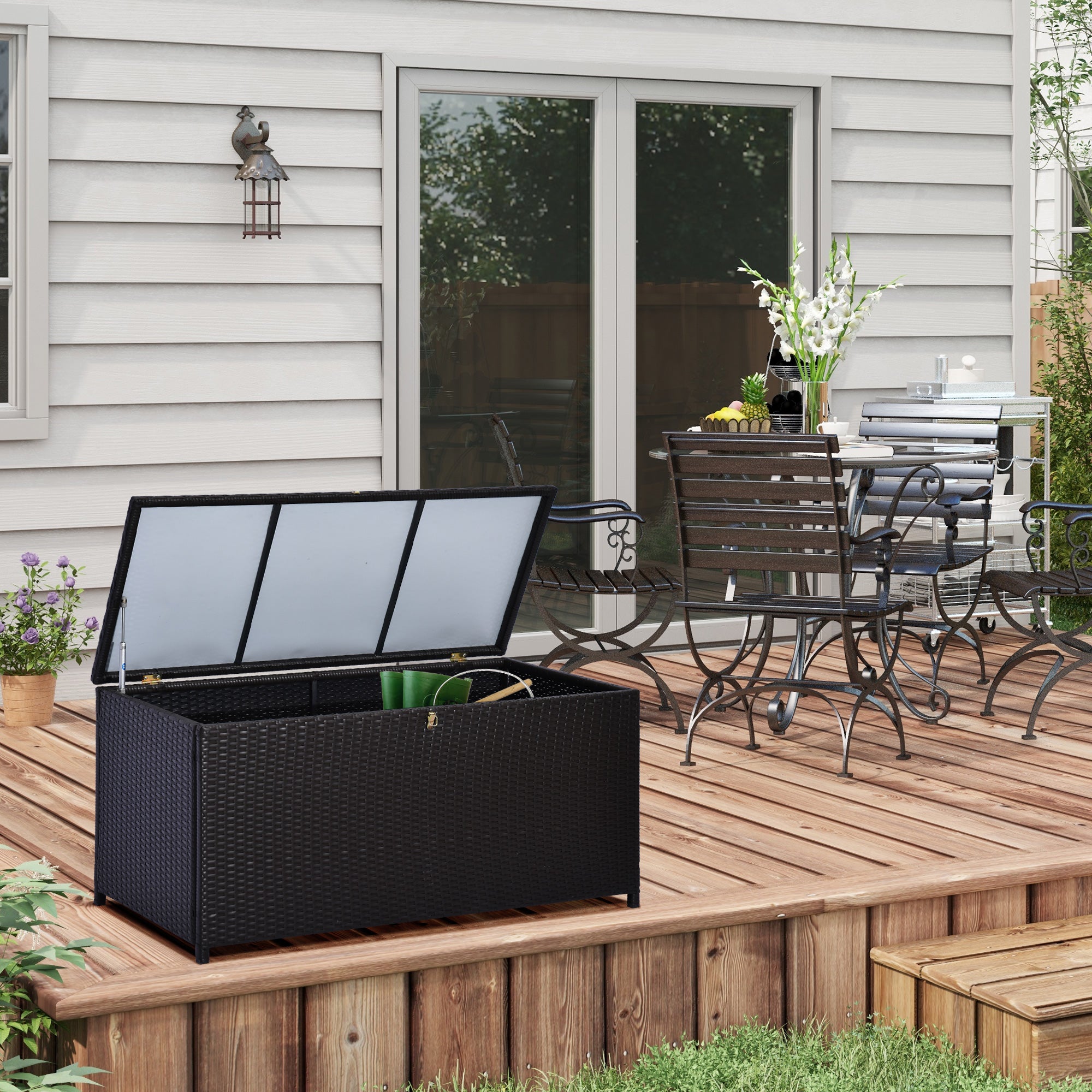 Outsunny 44.5x17x22inch Outdoor Deck Rattan Storage Box Wicker Home Furniture Indoor Storing Unit with Lid Coffee