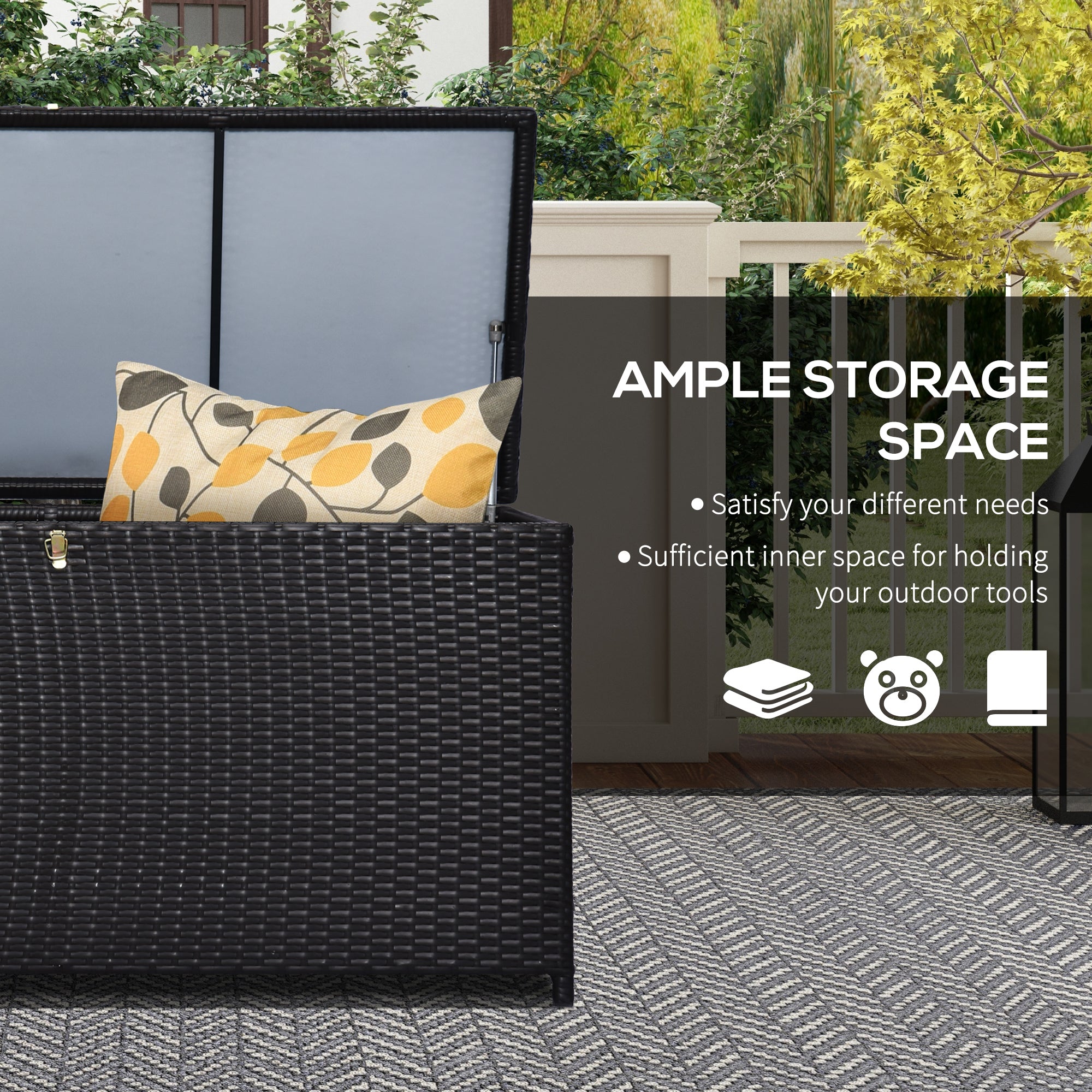 Outsunny 44.5x17x22inch Outdoor Deck Rattan Storage Box Wicker Home Furniture Indoor Storing Unit with Lid Coffee