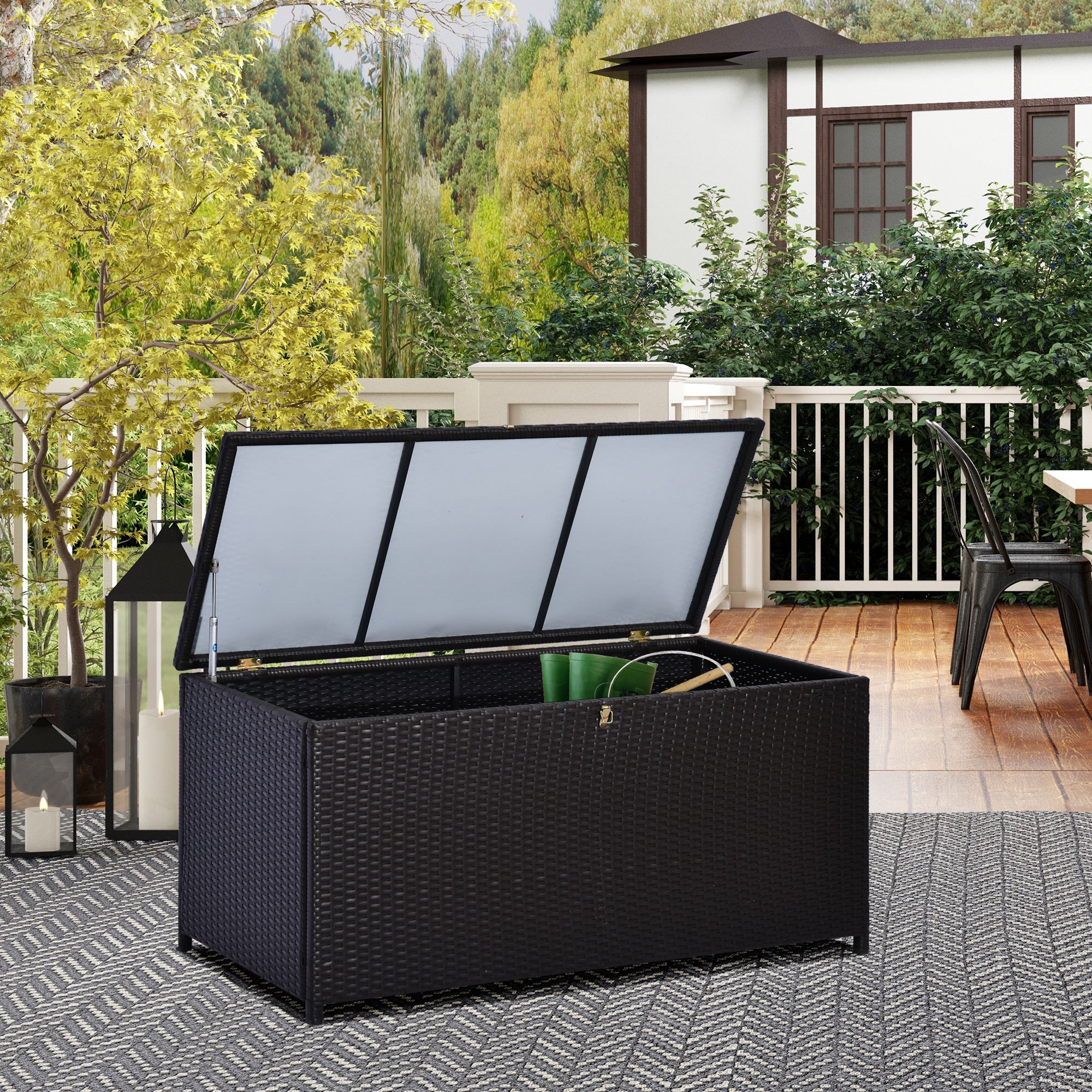 Outsunny 44.5x17x22inch Outdoor Deck Rattan Storage Box Wicker Home Furniture Indoor Storing Unit with Lid Coffee