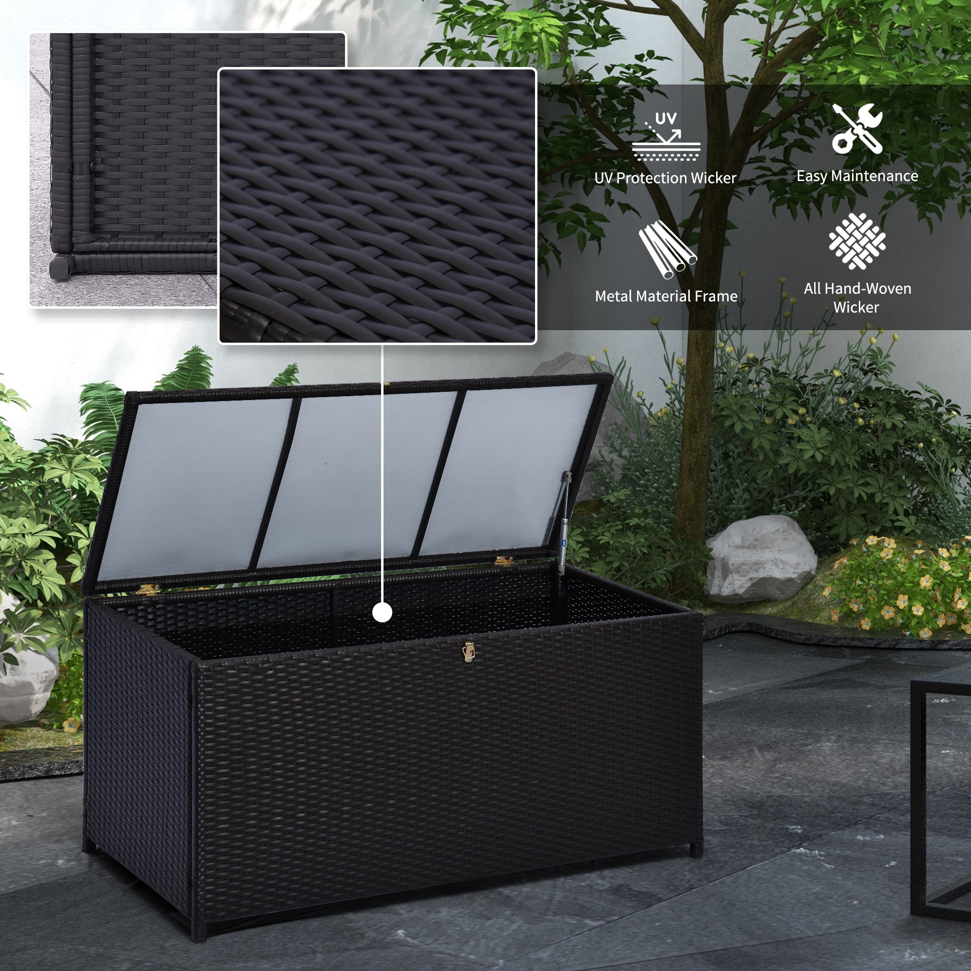Outsunny 44.5x17x22inch Outdoor Deck Rattan Storage Box Wicker Home Furniture Indoor Storing Unit with Lid Coffee