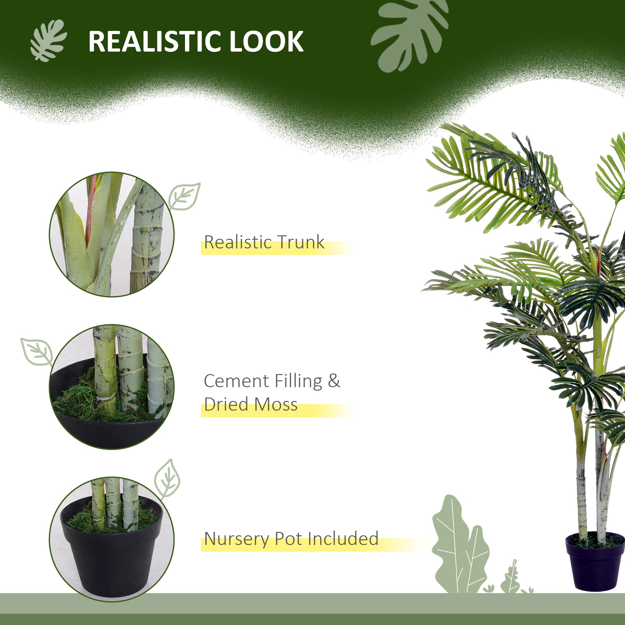 Outsunny 5FT Artificial Palm Tree, Fake Tropical Tree with Lifelike Leaves, Faux Plant in Pot for Indoor and Outdoor Decoration, Green