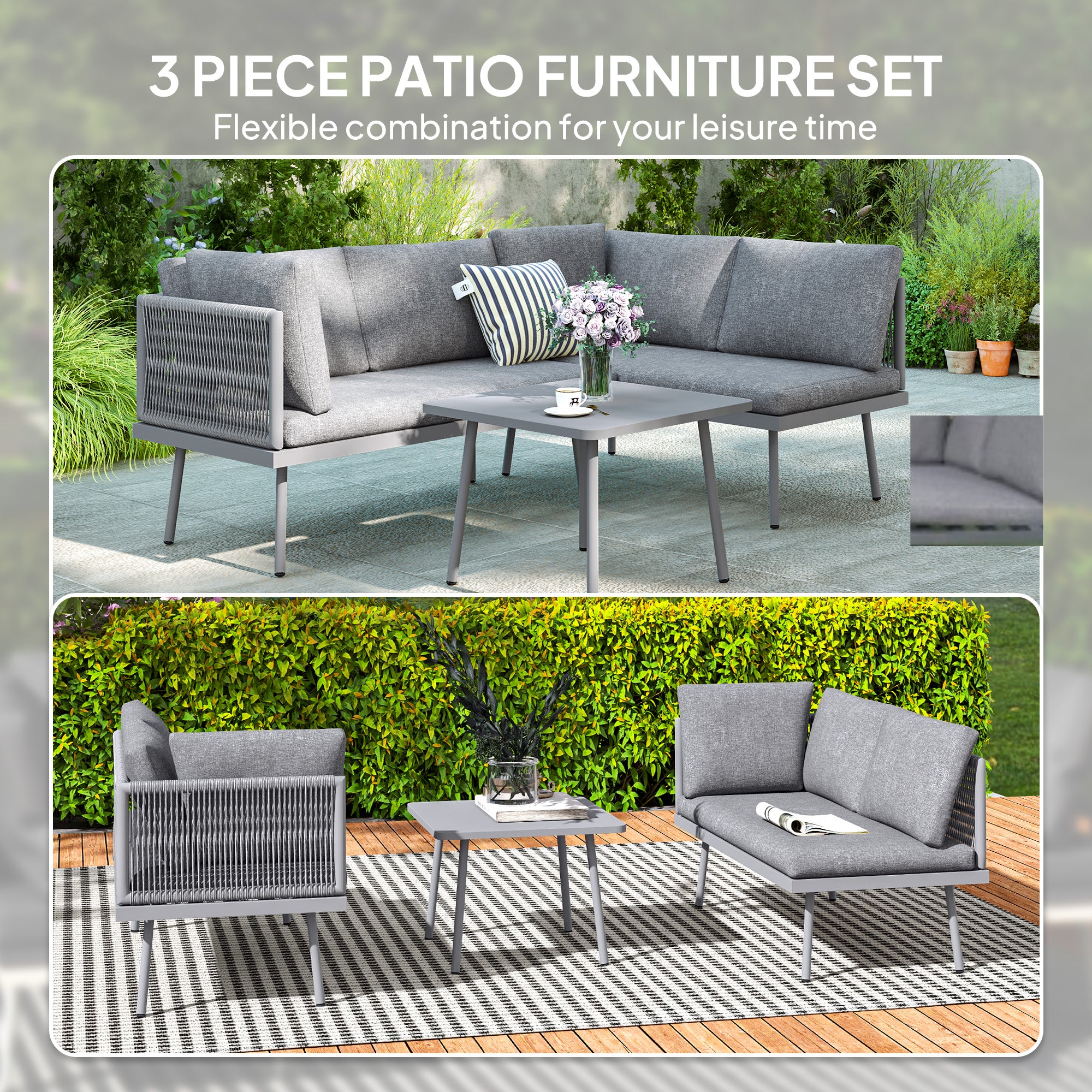 Outsunny 3 Pieces Wicker Patio Furniture Set, L-Shaped Outdoor Furniture Conversation Set, PE Rattan Corner Outdoor Sofa with Cushions, Steel Top Coffee Table for Garden, Grey