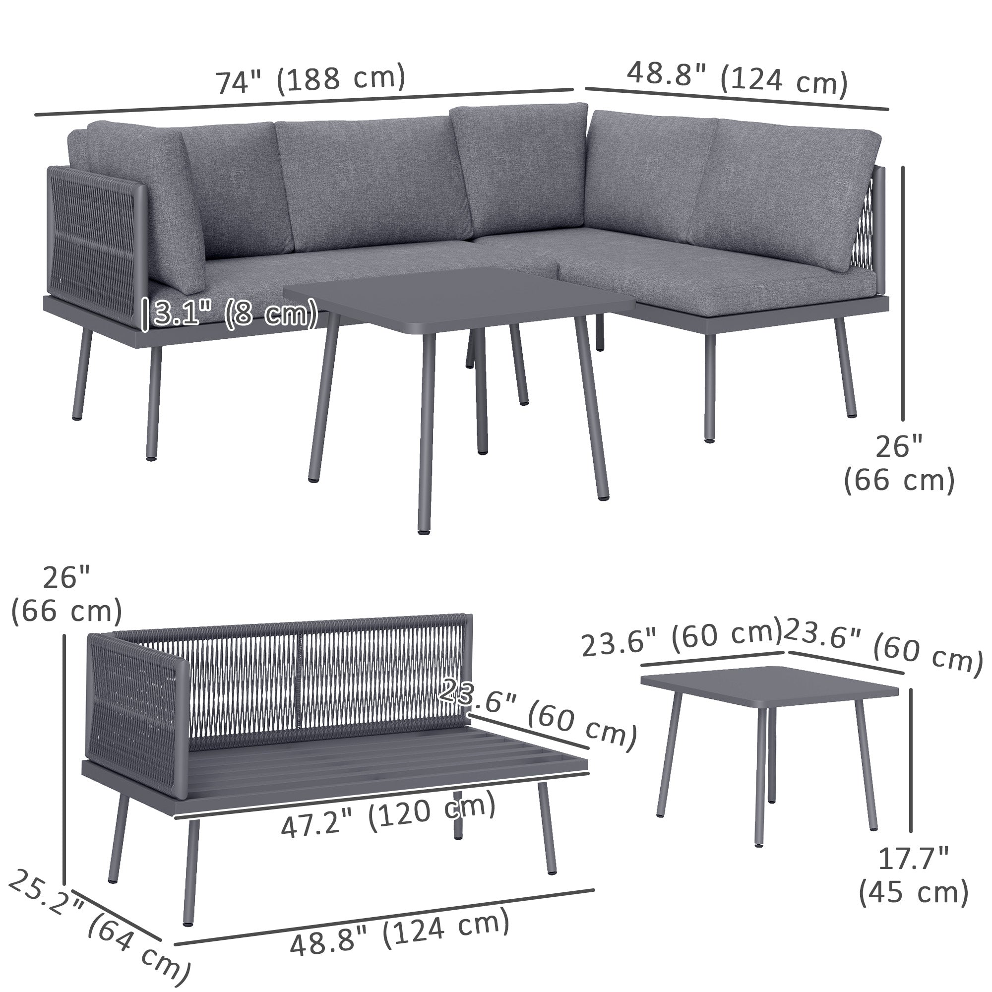 Outsunny 3 Pieces Wicker Patio Furniture Set, L-Shaped Outdoor Furniture Conversation Set, PE Rattan Corner Outdoor Sofa with Cushions, Steel Top Coffee Table for Garden, Grey