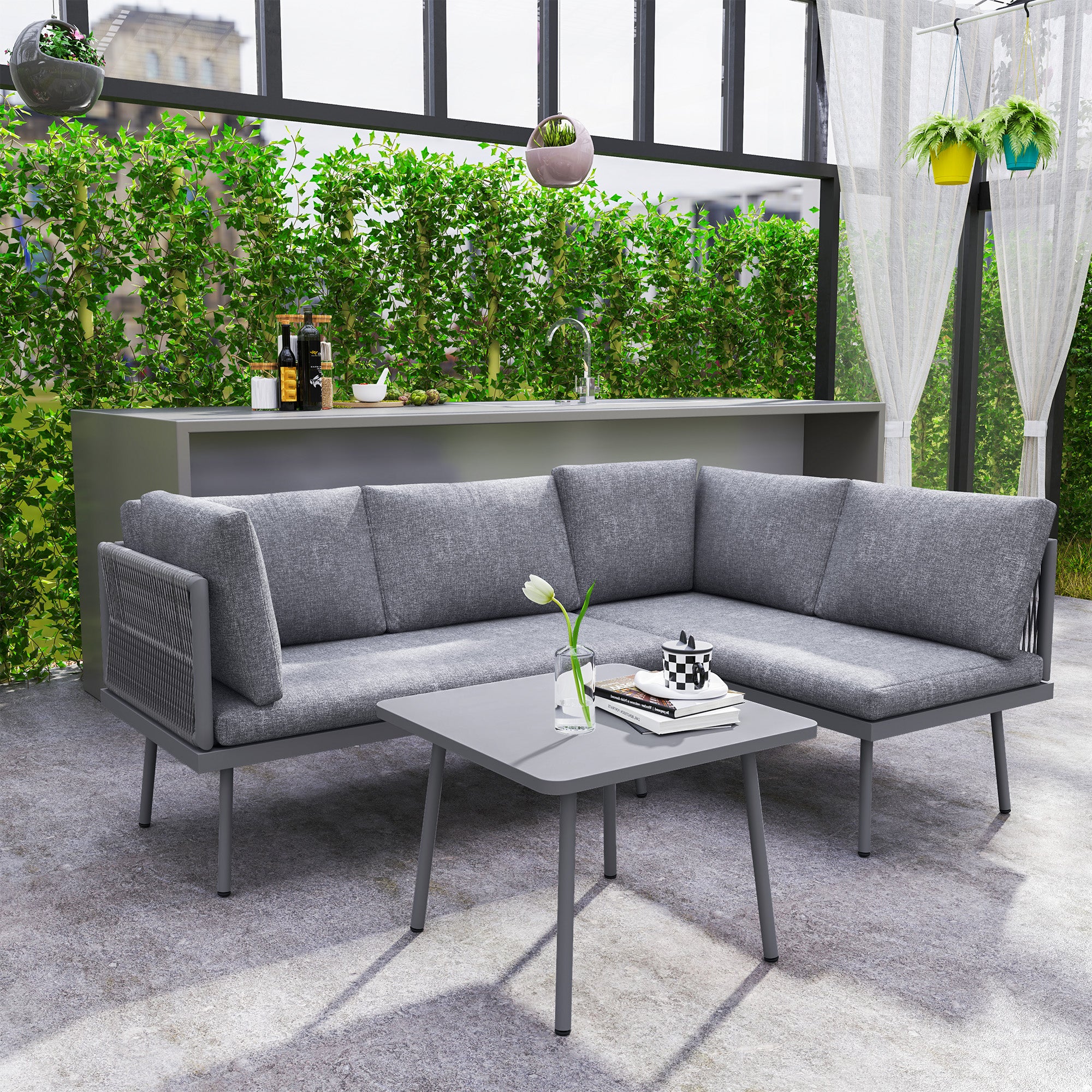 Outsunny 3 Pieces Wicker Patio Furniture Set, L-Shaped Outdoor Furniture Conversation Set, PE Rattan Corner Outdoor Sofa with Cushions, Steel Top Coffee Table for Garden, Grey
