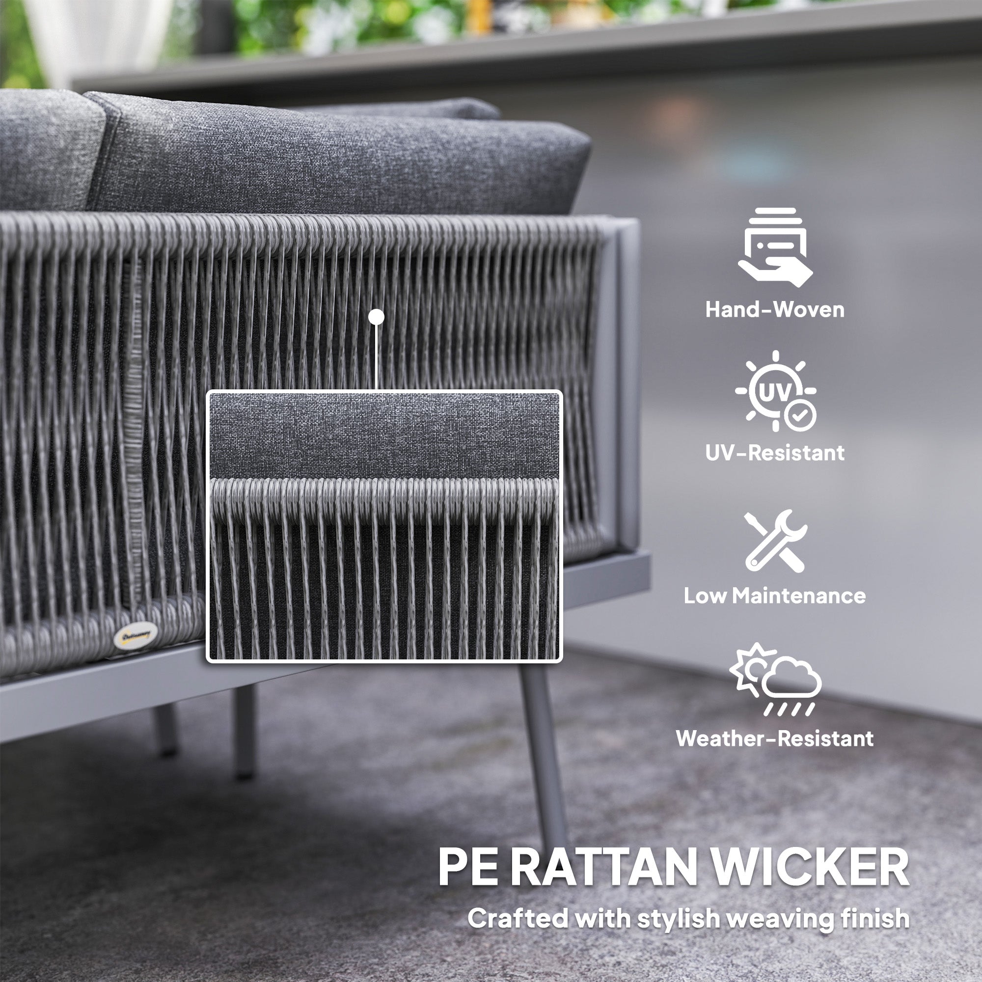 Outsunny 3 Pieces Wicker Patio Furniture Set, L-Shaped Outdoor Furniture Conversation Set, PE Rattan Corner Outdoor Sofa with Cushions, Steel Top Coffee Table for Garden, Grey