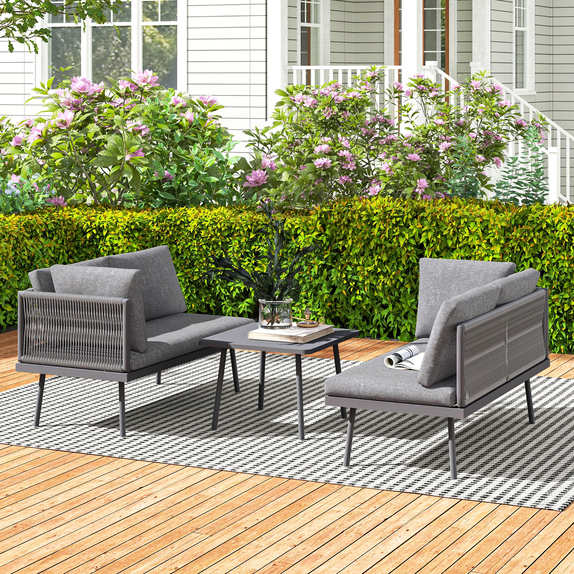 Outsunny 3 Pieces Wicker Patio Furniture Set, L-Shaped Outdoor Furniture Conversation Set, PE Rattan Corner Outdoor Sofa with Cushions, Steel Top Coffee Table for Garden, Grey