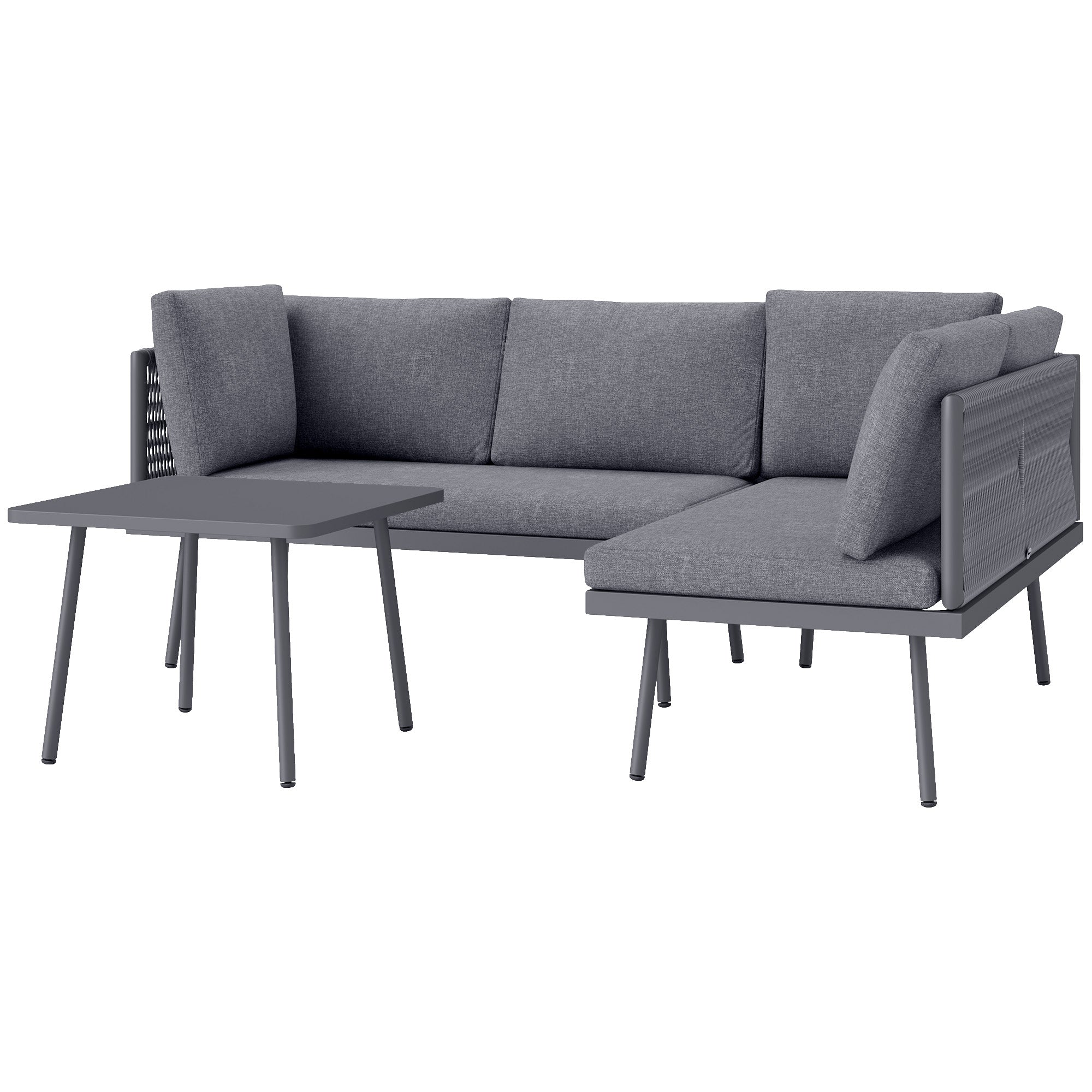 Outsunny 3 Pieces Wicker Patio Furniture Set, L-Shaped Outdoor Furniture Conversation Set, PE Rattan Corner Outdoor Sofa with Cushions, Steel Top Coffee Table for Garden, Grey