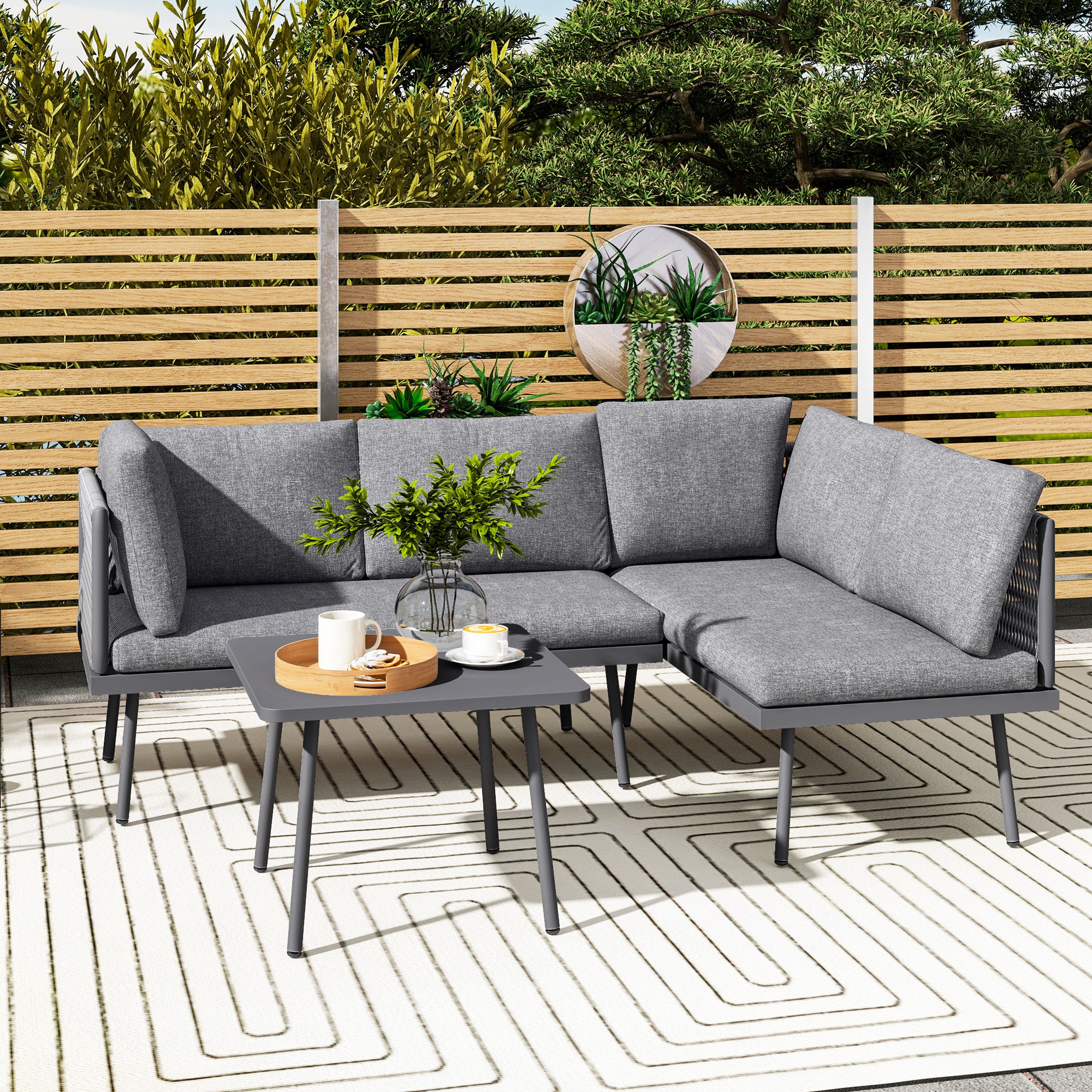 Outsunny 3 Pieces Wicker Patio Furniture Set, L-Shaped Outdoor Furniture Conversation Set, PE Rattan Corner Outdoor Sofa with Cushions, Steel Top Coffee Table for Garden, Grey