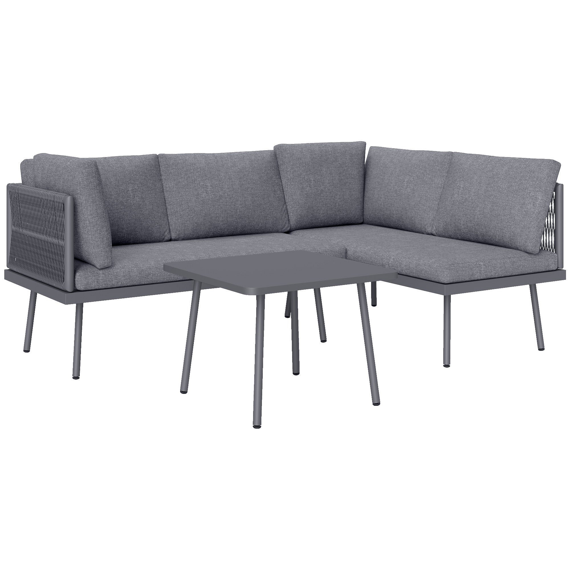 Outsunny 3 Pieces Wicker Patio Furniture Set, L-Shaped Outdoor Furniture Conversation Set, PE Rattan Corner Outdoor Sofa with Cushions, Steel Top Coffee Table for Garden, Grey