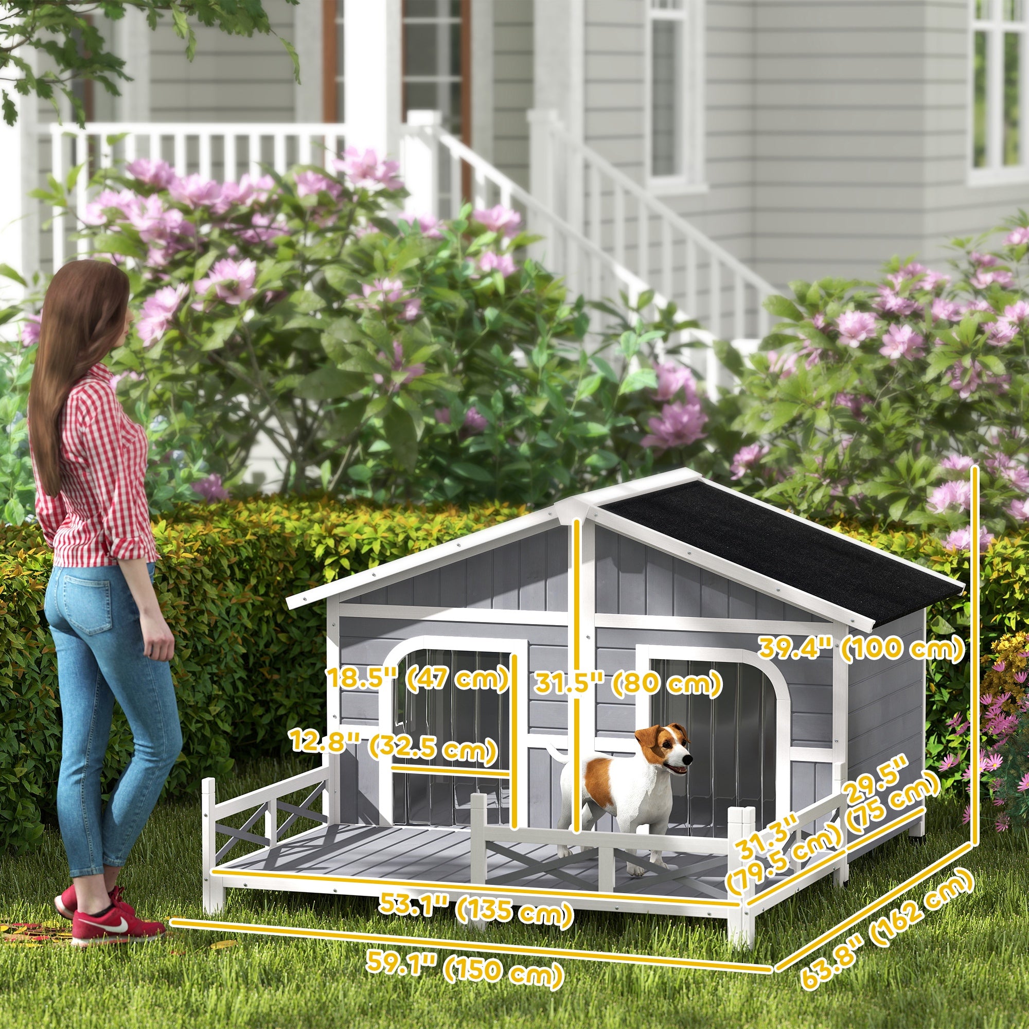 PawHut Dog House Outdoor, Extra Large Luxury Elevated Pet Bed for 2 Small Medium Dogs, Waterproof Dog Shelter with Porch Deck, 59" x 64" x 39", Grey