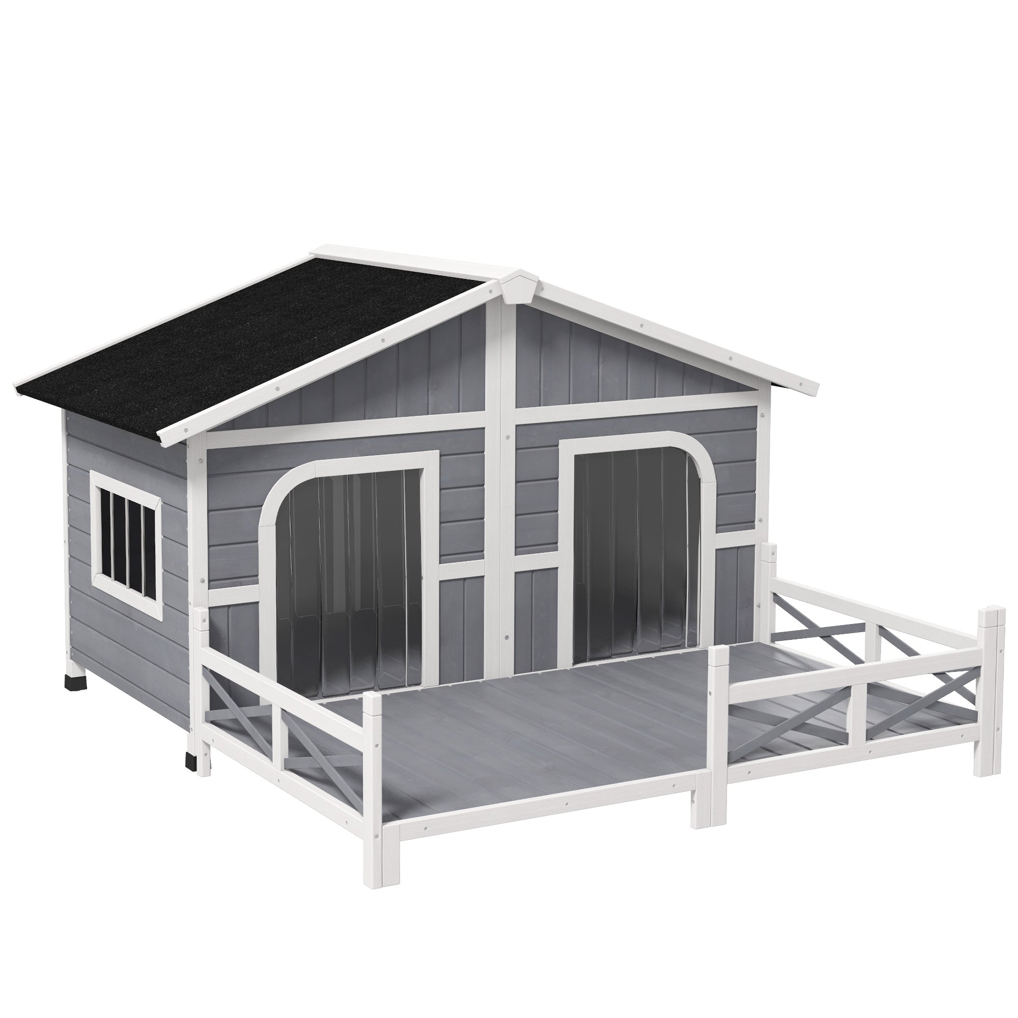 PawHut Dog House Outdoor, Extra Large Luxury Elevated Pet Bed for 2 Small Medium Dogs, Waterproof Dog Shelter with Porch Deck, 59" x 64" x 39", Grey