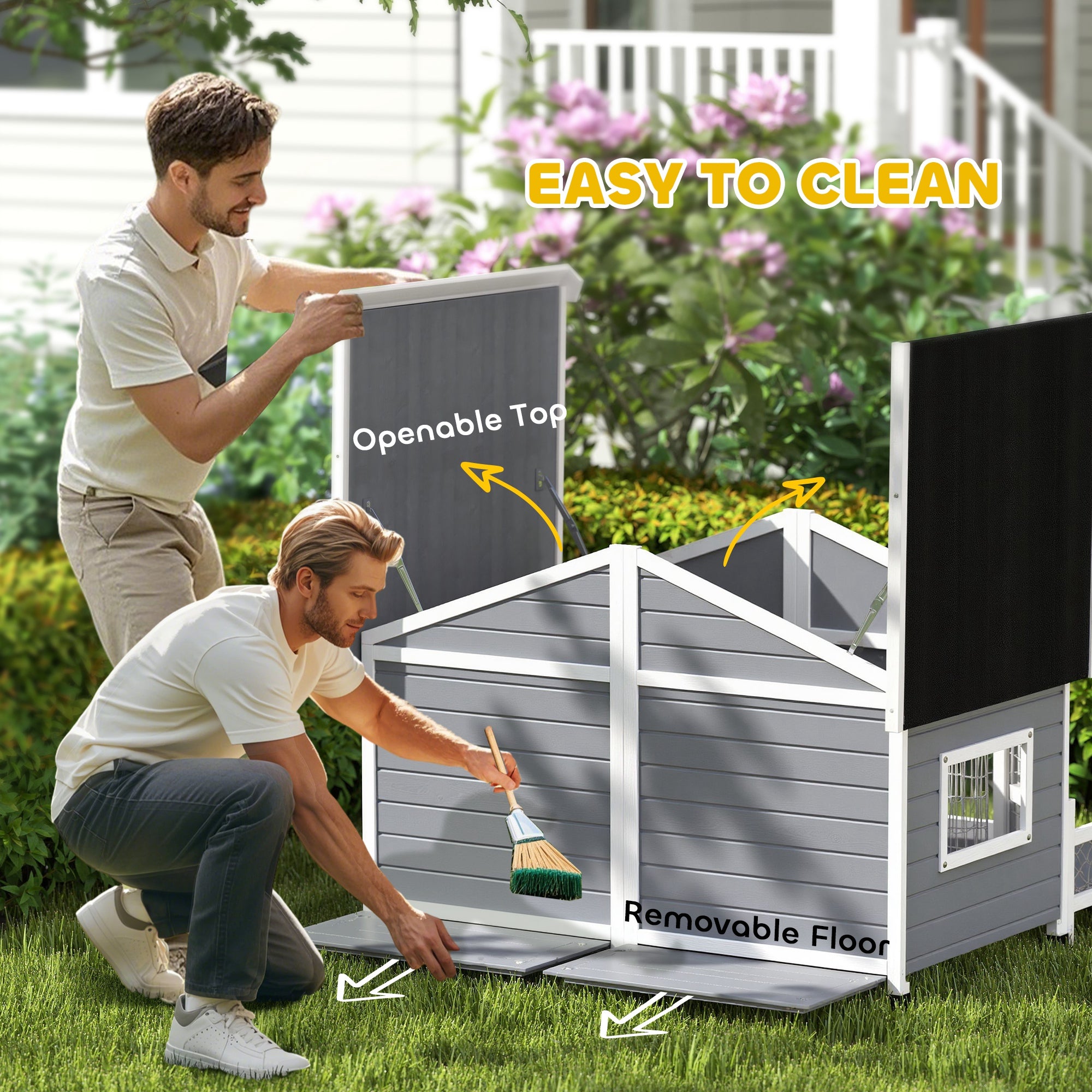 PawHut Dog House Outdoor, Extra Large Luxury Elevated Pet Bed for 2 Small Medium Dogs, Waterproof Dog Shelter with Porch Deck, 59" x 64" x 39", Grey