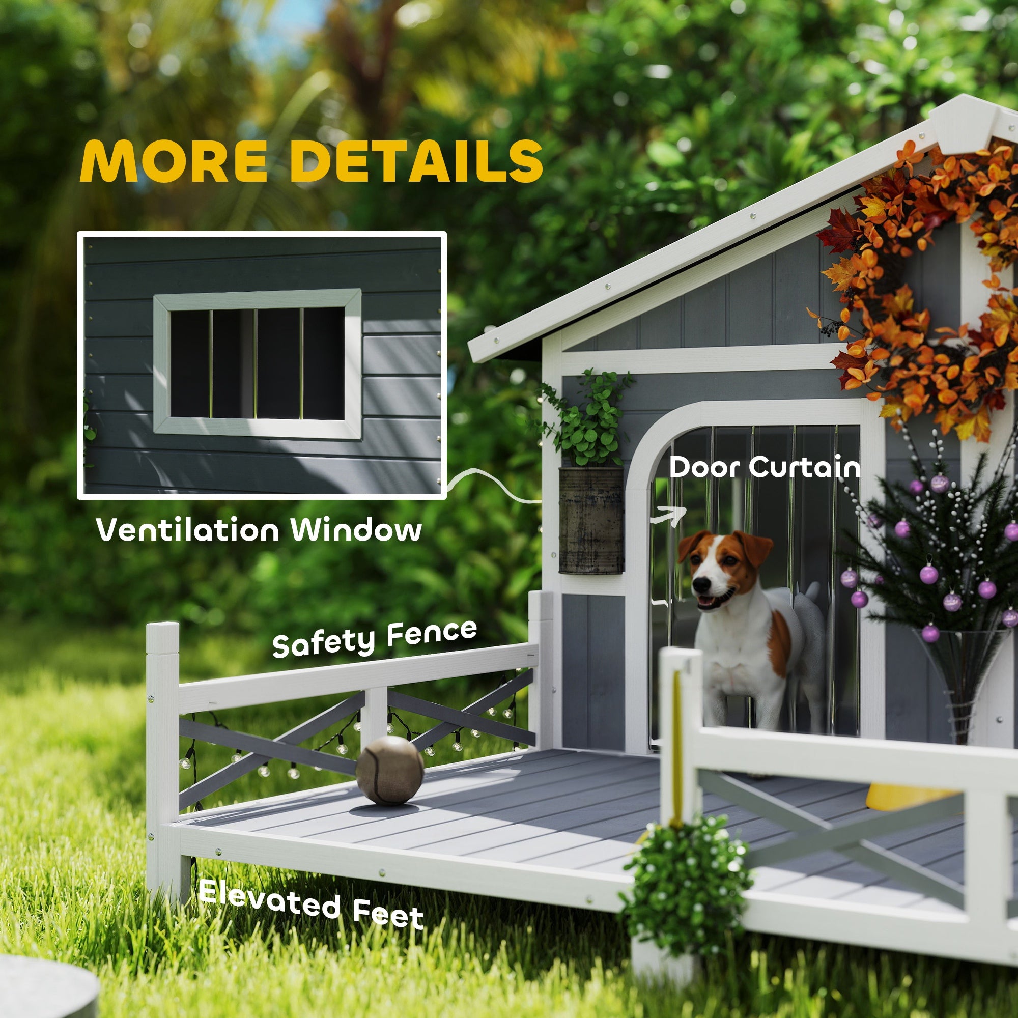 PawHut Dog House Outdoor, Extra Large Luxury Elevated Pet Bed for 2 Small Medium Dogs, Waterproof Dog Shelter with Porch Deck, 59" x 64" x 39", Grey