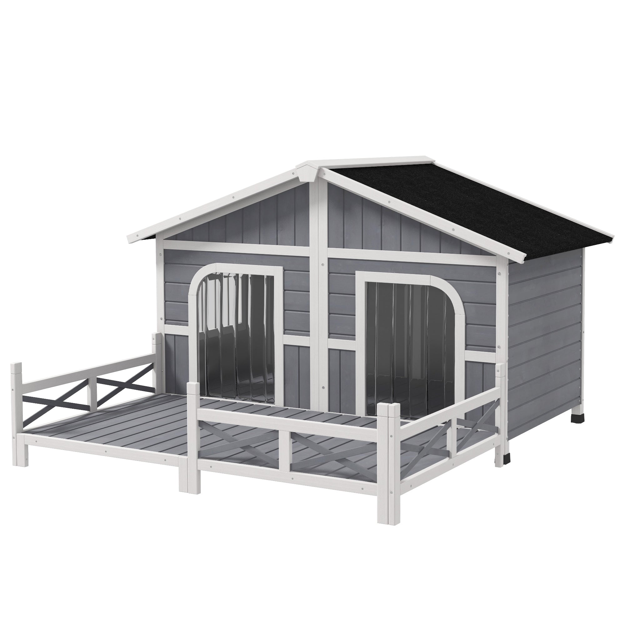PawHut Dog House Outdoor, Extra Large Luxury Elevated Pet Bed for 2 Small Medium Dogs, Waterproof Dog Shelter with Porch Deck, 59" x 64" x 39", Grey