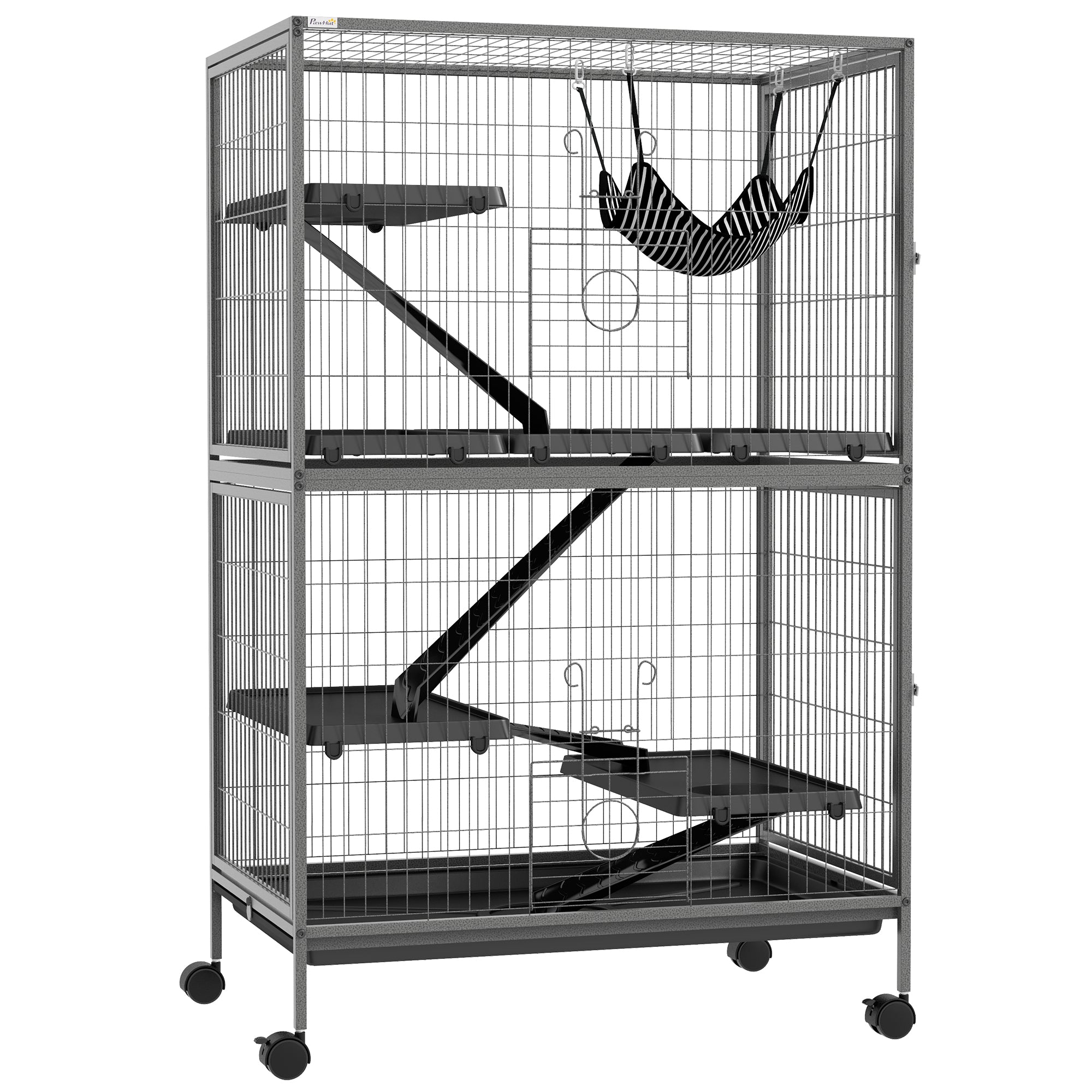 PawHut 5-Tier Rolling Small Animal Cage, Deluxe Guinea Pig Cage, Ferret Cage for Mink Chinchilla Kitten Rabbit, Small Pet Play House with Hammock Platform, Ramp, Tray, Grey