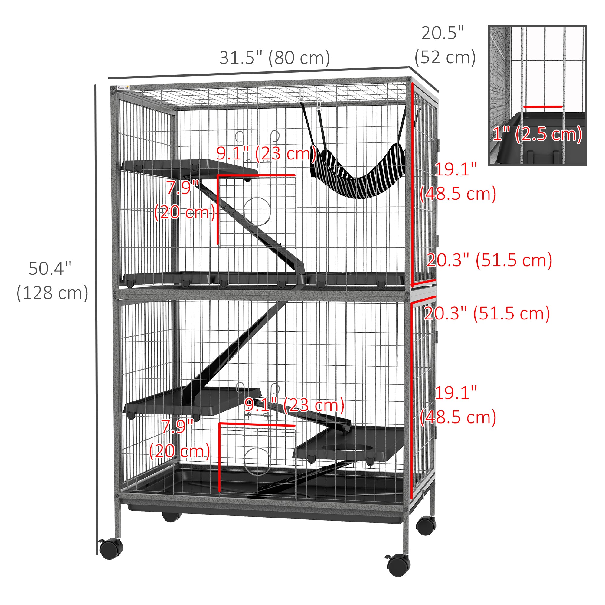 PawHut 5-Tier Rolling Small Animal Cage, Deluxe Guinea Pig Cage, Ferret Cage for Mink Chinchilla Kitten Rabbit, Small Pet Play House with Hammock Platform, Ramp, Tray, Grey