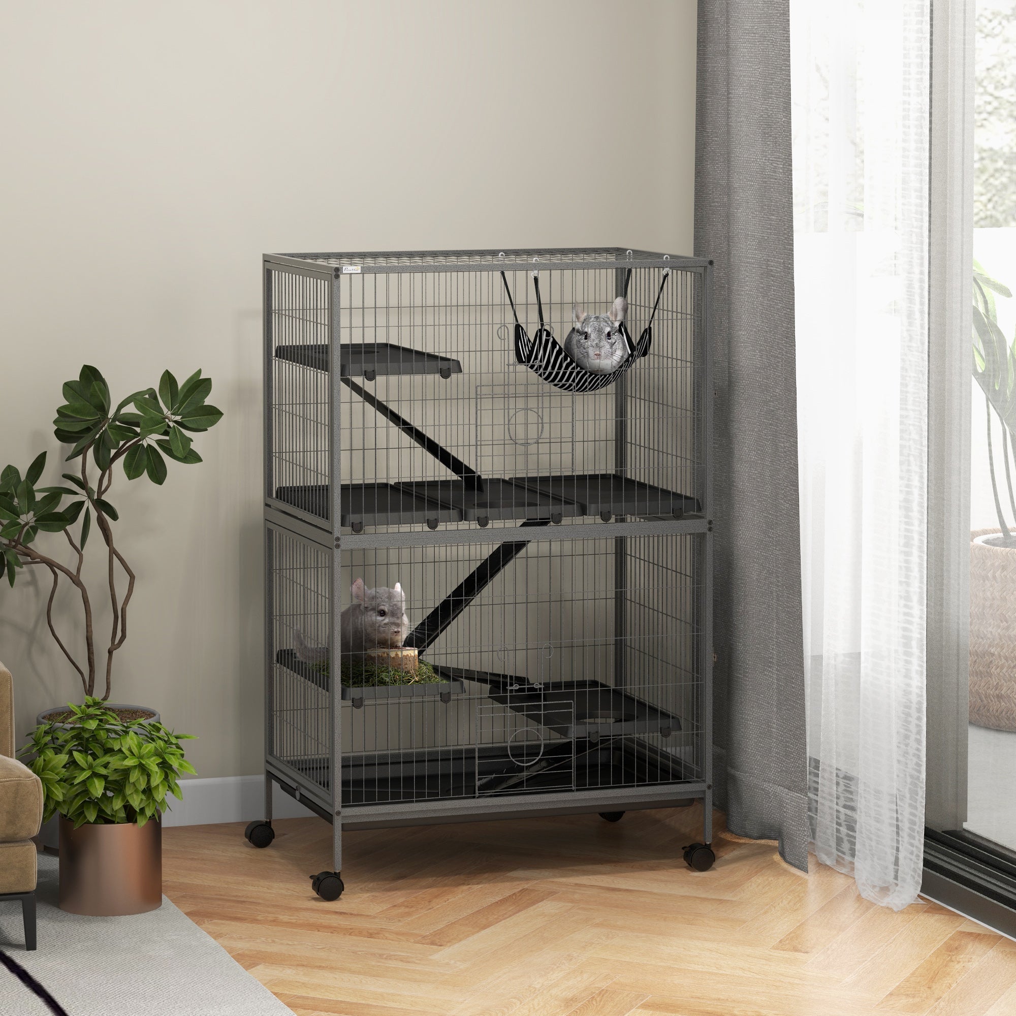 PawHut 5-Tier Rolling Small Animal Cage, Deluxe Guinea Pig Cage, Ferret Cage for Mink Chinchilla Kitten Rabbit, Small Pet Play House with Hammock Platform, Ramp, Tray, Grey