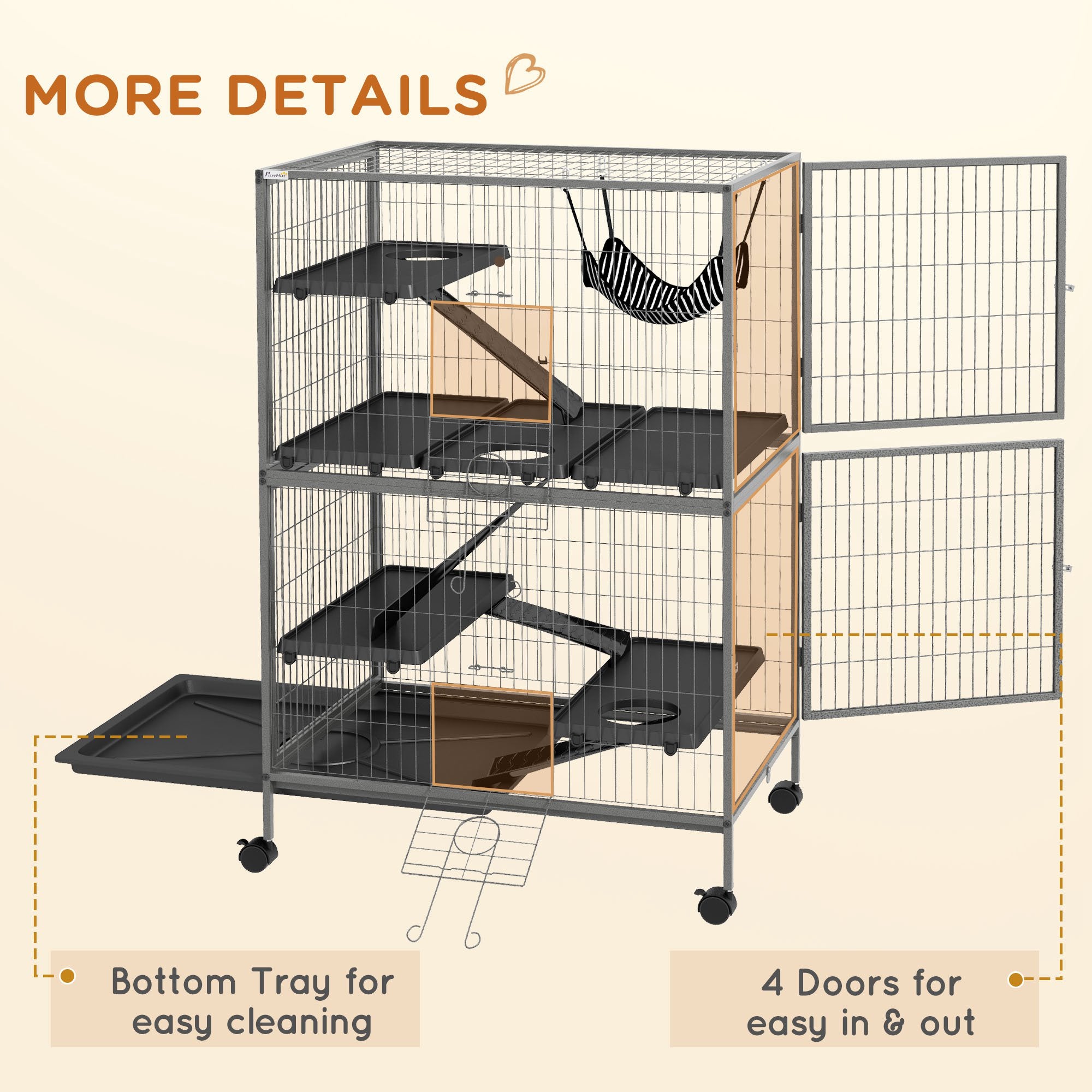 PawHut 5-Tier Rolling Small Animal Cage, Deluxe Guinea Pig Cage, Ferret Cage for Mink Chinchilla Kitten Rabbit, Small Pet Play House with Hammock Platform, Ramp, Tray, Grey