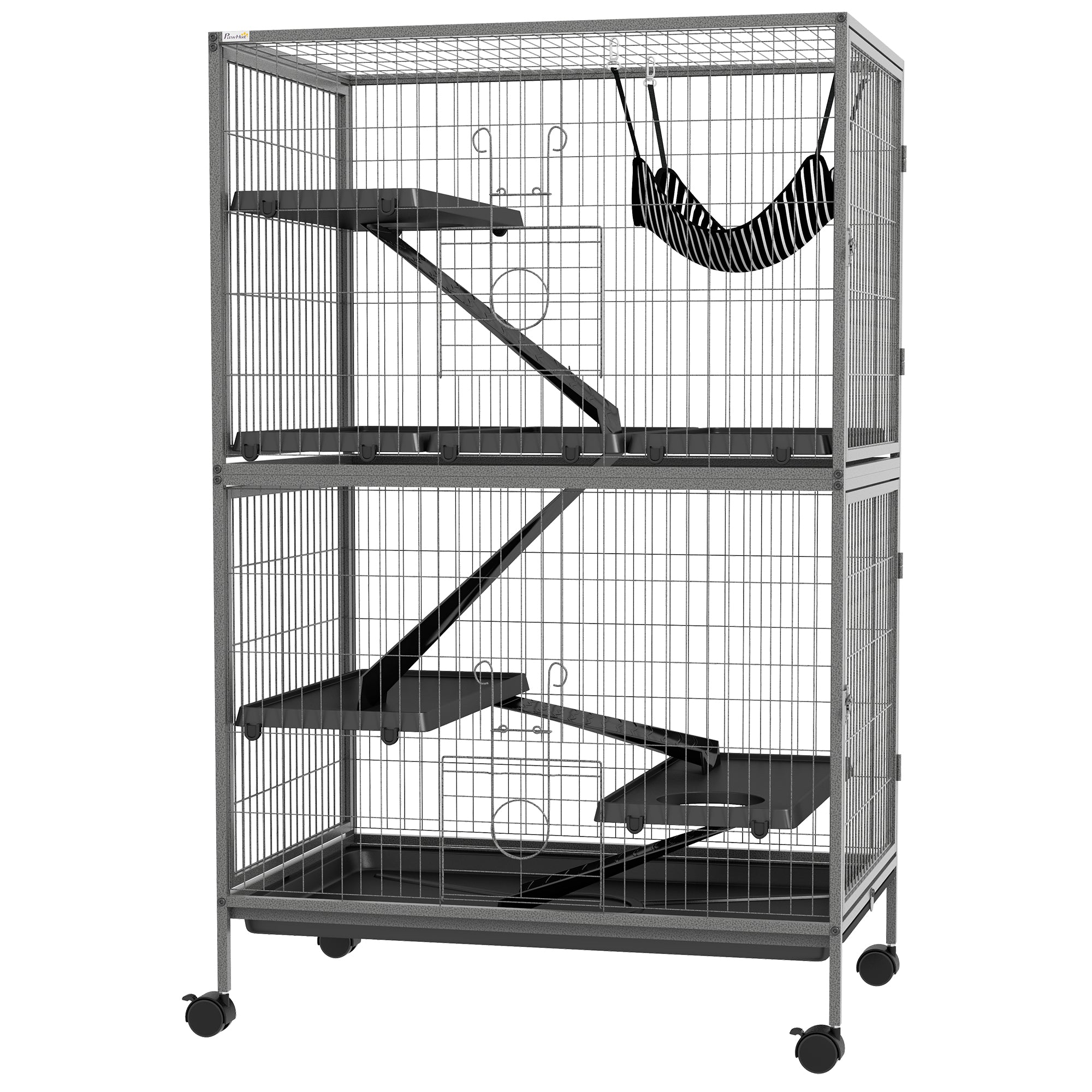 PawHut 5-Tier Rolling Small Animal Cage, Deluxe Guinea Pig Cage, Ferret Cage for Mink Chinchilla Kitten Rabbit, Small Pet Play House with Hammock Platform, Ramp, Tray, Grey