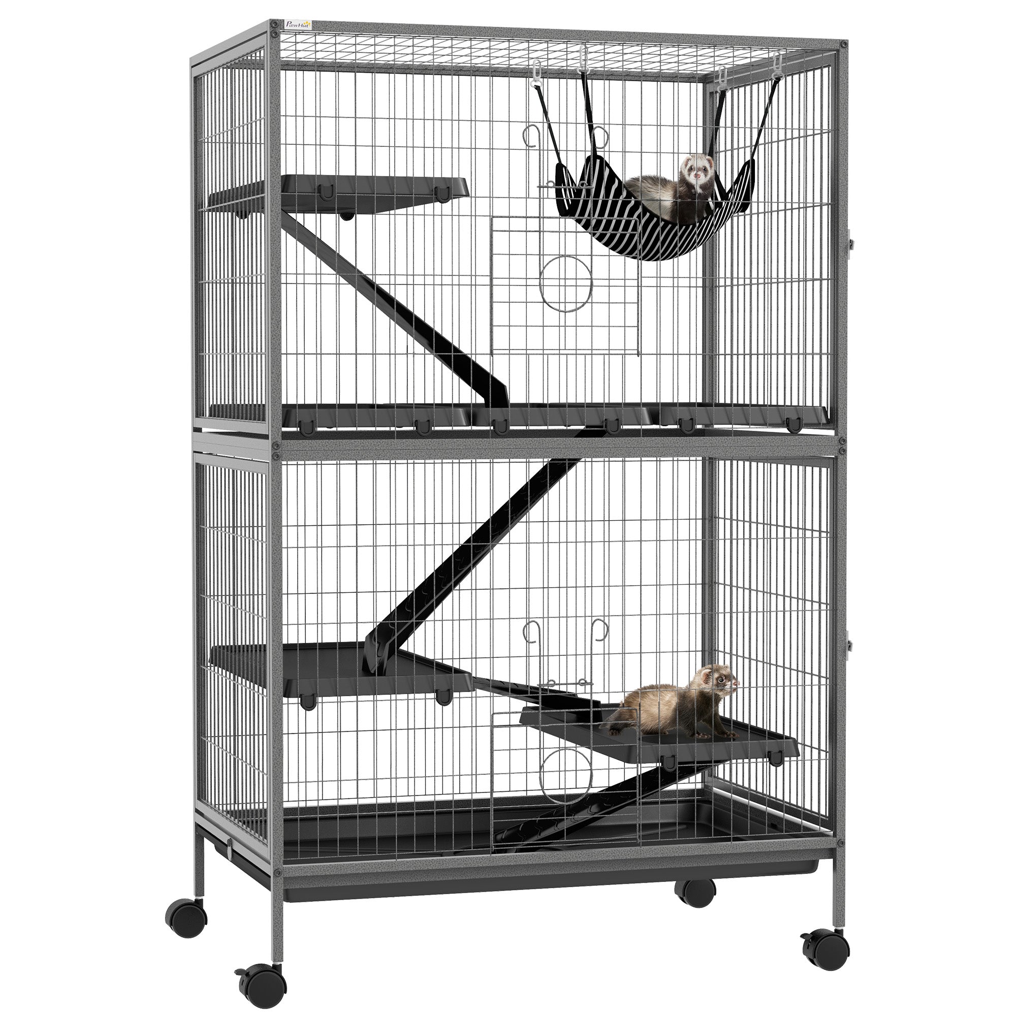 PawHut 5-Tier Rolling Small Animal Cage, Deluxe Guinea Pig Cage, Ferret Cage for Mink Chinchilla Kitten Rabbit, Small Pet Play House with Hammock Platform, Ramp, Tray, Grey