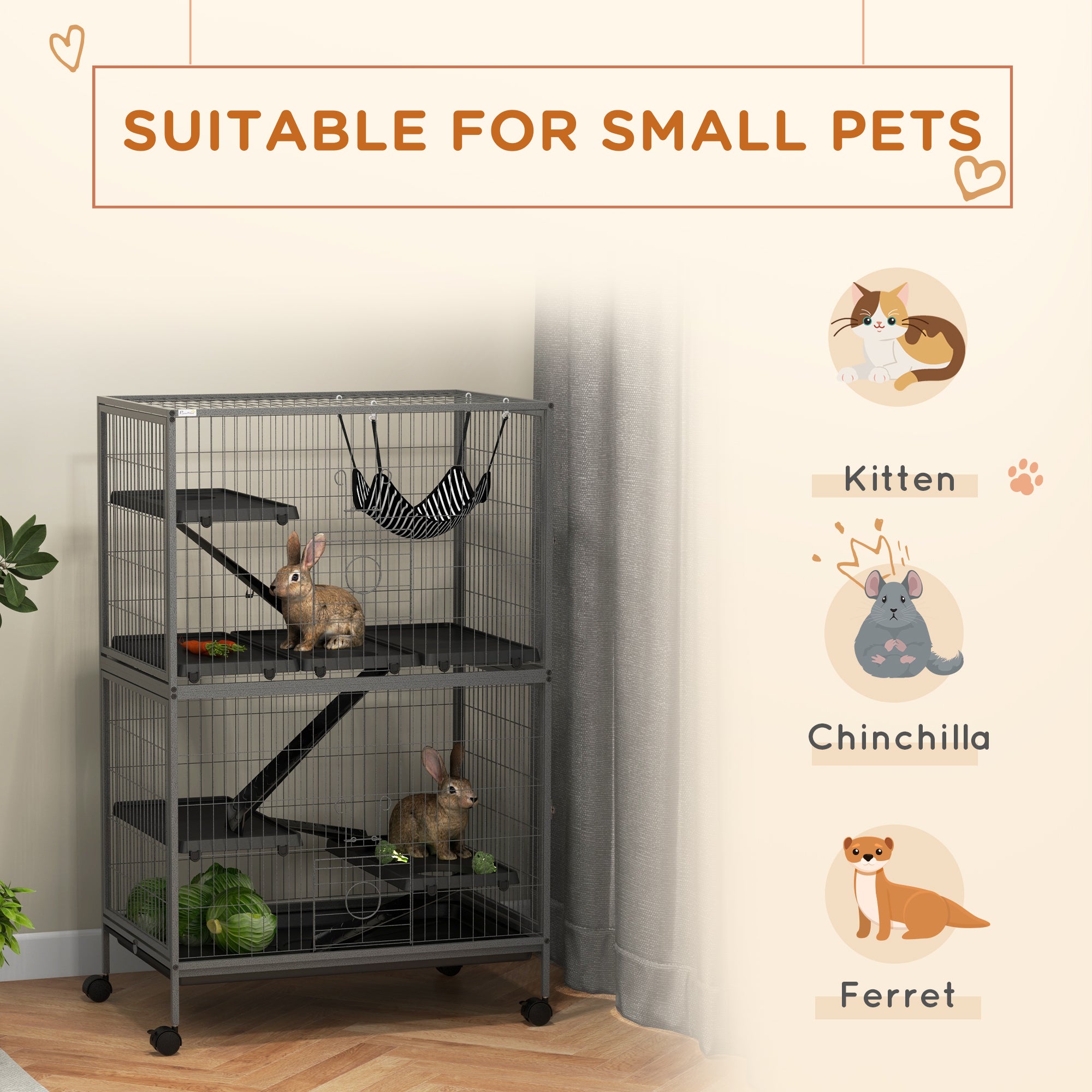 PawHut 5-Tier Rolling Small Animal Cage, Deluxe Guinea Pig Cage, Ferret Cage for Mink Chinchilla Kitten Rabbit, Small Pet Play House with Hammock Platform, Ramp, Tray, Grey